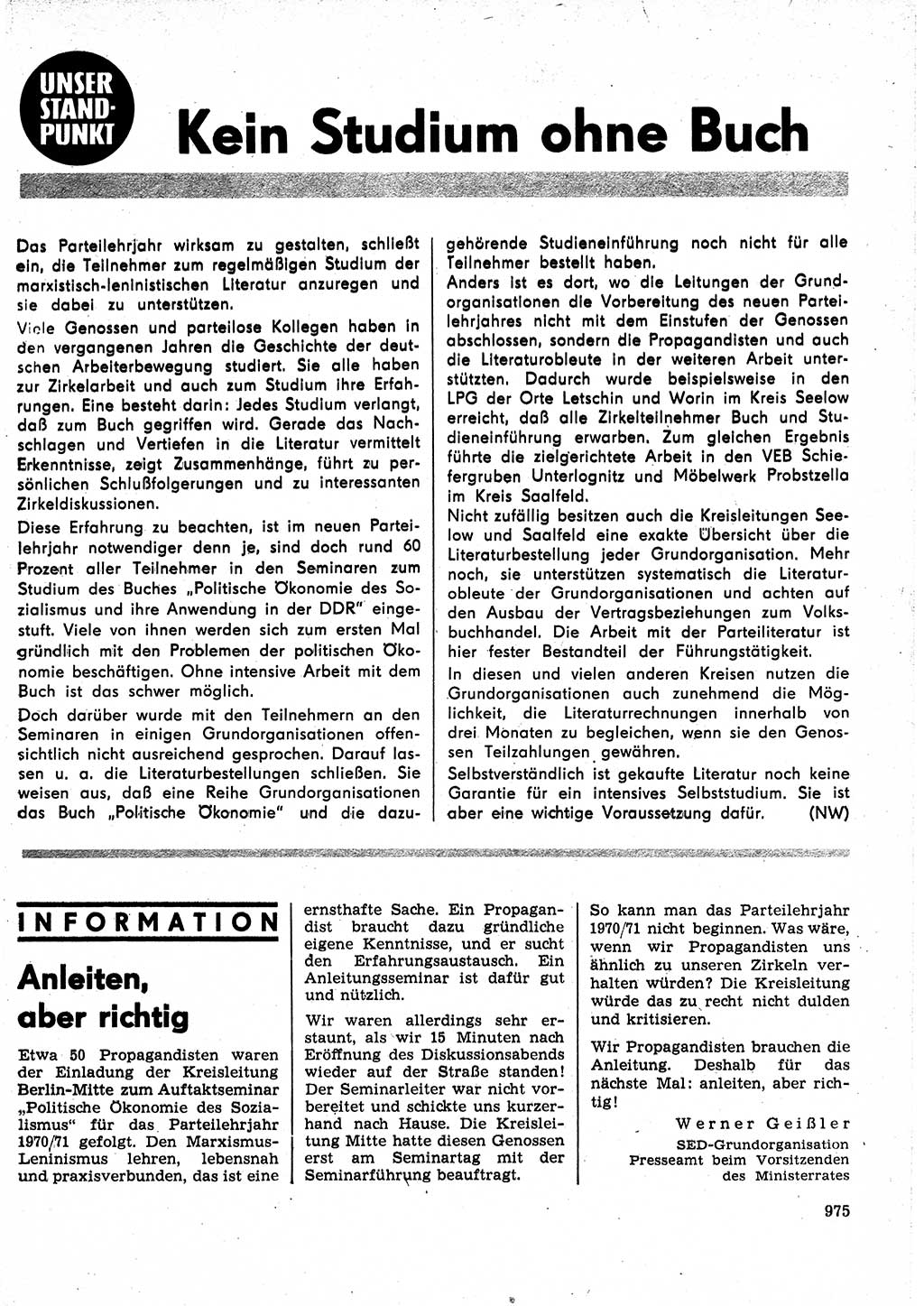 Neuer Weg (NW), Organ des Zentralkomitees (ZK) der SED (Sozialistische Einheitspartei Deutschlands) für Fragen des Parteilebens, 25. Jahrgang [Deutsche Demokratische Republik (DDR)] 1970, Seite 975 (NW ZK SED DDR 1970, S. 975)