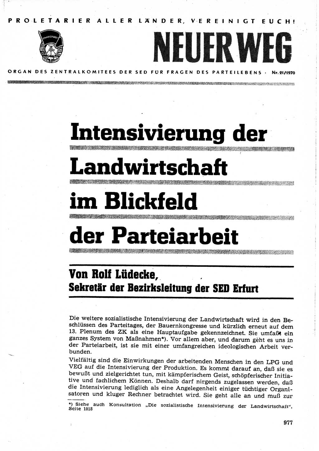 Neuer Weg (NW), Organ des Zentralkomitees (ZK) der SED (Sozialistische Einheitspartei Deutschlands) für Fragen des Parteilebens, 25. Jahrgang [Deutsche Demokratische Republik (DDR)] 1970, Seite 977 (NW ZK SED DDR 1970, S. 977)