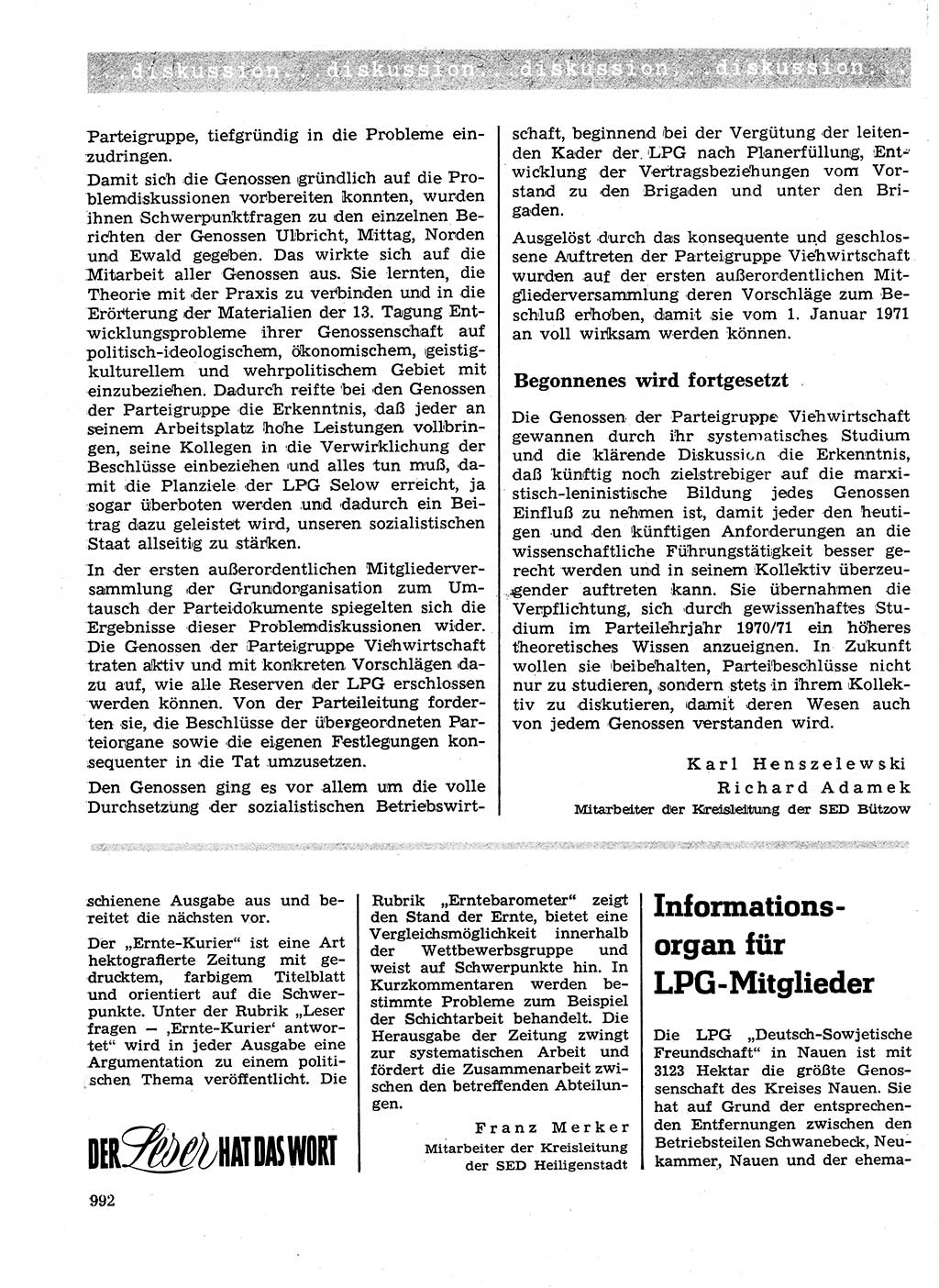 Neuer Weg (NW), Organ des Zentralkomitees (ZK) der SED (Sozialistische Einheitspartei Deutschlands) für Fragen des Parteilebens, 25. Jahrgang [Deutsche Demokratische Republik (DDR)] 1970, Seite 992 (NW ZK SED DDR 1970, S. 992)