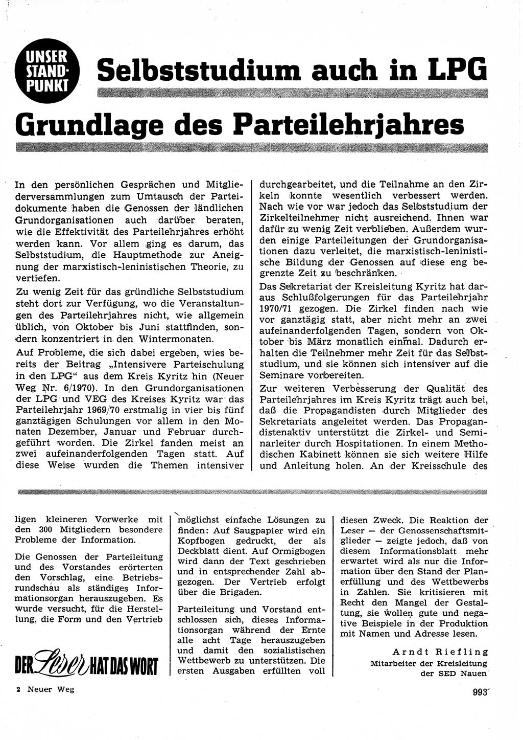 Neuer Weg (NW), Organ des Zentralkomitees (ZK) der SED (Sozialistische Einheitspartei Deutschlands) für Fragen des Parteilebens, 25. Jahrgang [Deutsche Demokratische Republik (DDR)] 1970, Seite 993 (NW ZK SED DDR 1970, S. 993)