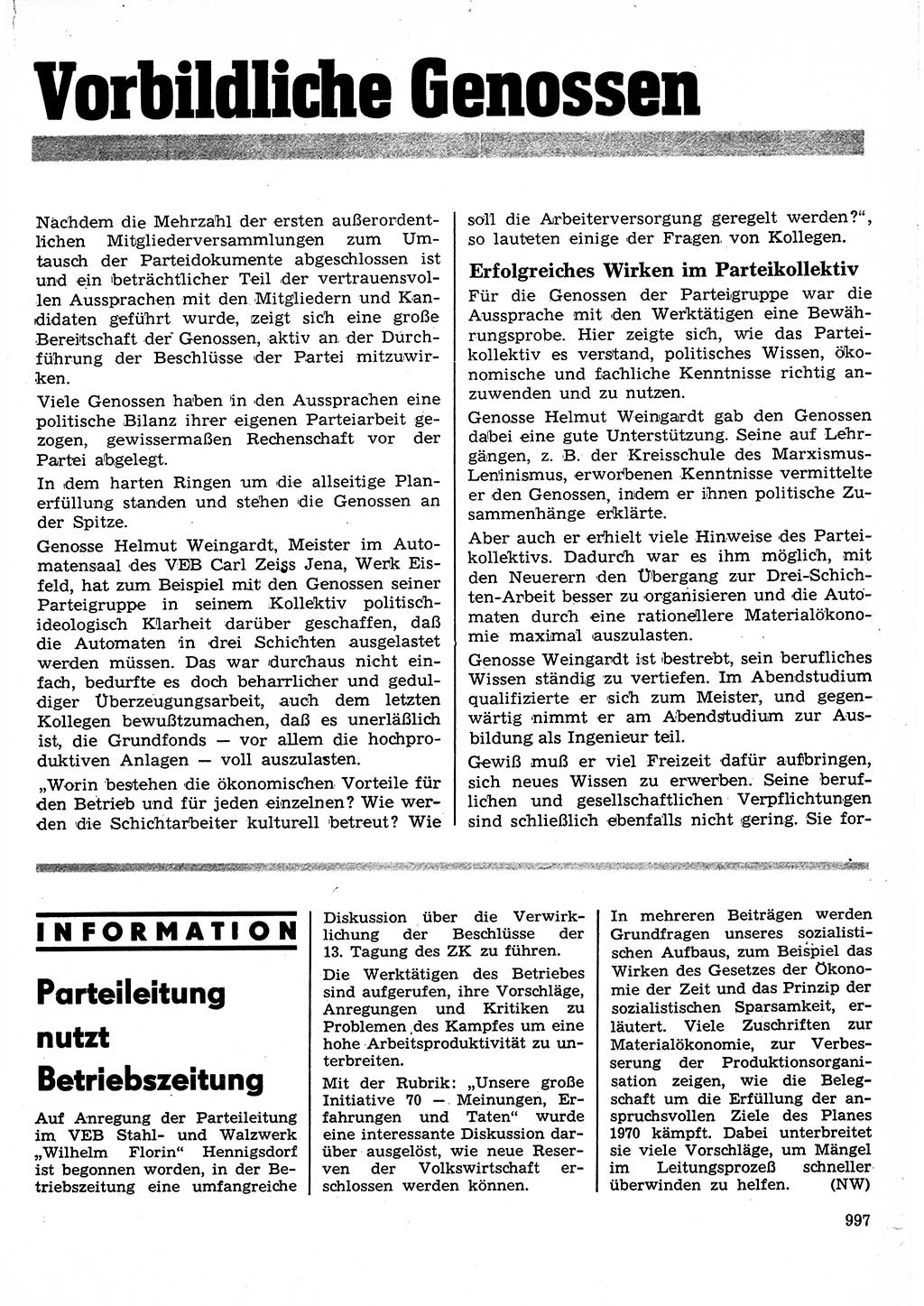 Neuer Weg (NW), Organ des Zentralkomitees (ZK) der SED (Sozialistische Einheitspartei Deutschlands) für Fragen des Parteilebens, 25. Jahrgang [Deutsche Demokratische Republik (DDR)] 1970, Seite 997 (NW ZK SED DDR 1970, S. 997)