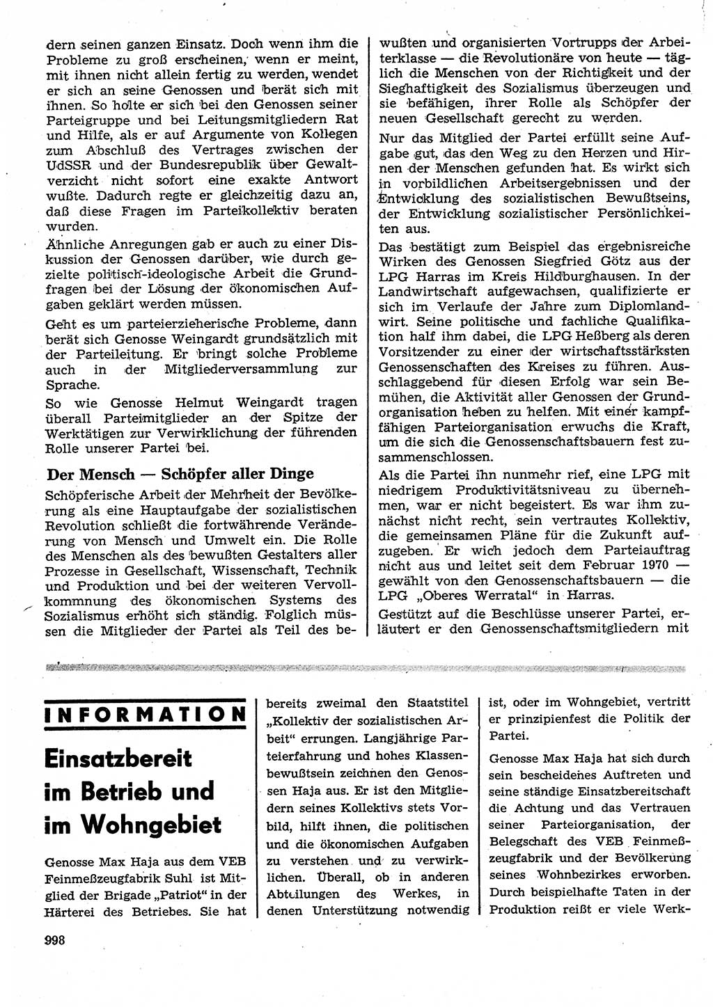 Neuer Weg (NW), Organ des Zentralkomitees (ZK) der SED (Sozialistische Einheitspartei Deutschlands) für Fragen des Parteilebens, 25. Jahrgang [Deutsche Demokratische Republik (DDR)] 1970, Seite 998 (NW ZK SED DDR 1970, S. 998)