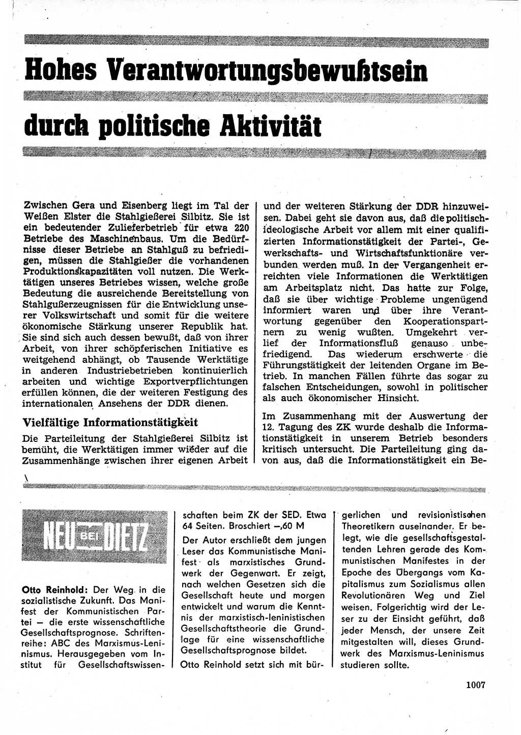 Neuer Weg (NW), Organ des Zentralkomitees (ZK) der SED (Sozialistische Einheitspartei Deutschlands) für Fragen des Parteilebens, 25. Jahrgang [Deutsche Demokratische Republik (DDR)] 1970, Seite 1007 (NW ZK SED DDR 1970, S. 1007)