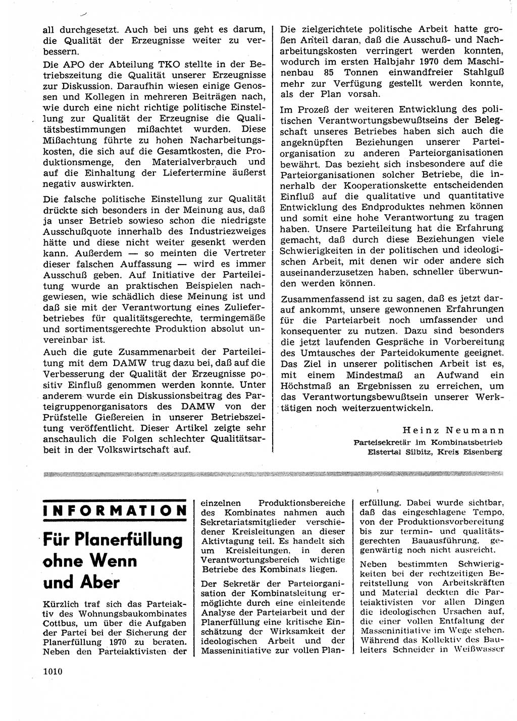 Neuer Weg (NW), Organ des Zentralkomitees (ZK) der SED (Sozialistische Einheitspartei Deutschlands) für Fragen des Parteilebens, 25. Jahrgang [Deutsche Demokratische Republik (DDR)] 1970, Seite 1010 (NW ZK SED DDR 1970, S. 1010)