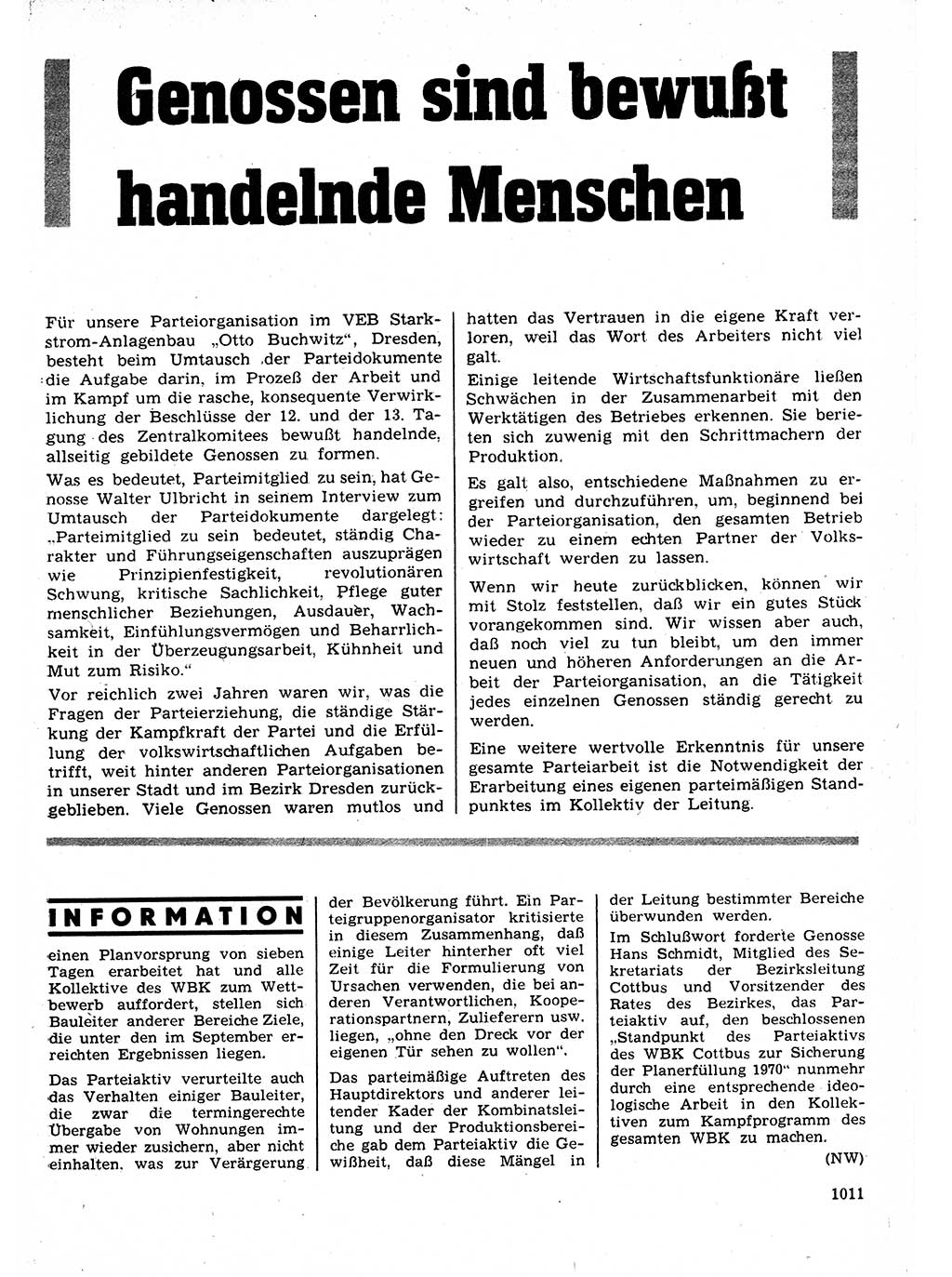 Neuer Weg (NW), Organ des Zentralkomitees (ZK) der SED (Sozialistische Einheitspartei Deutschlands) für Fragen des Parteilebens, 25. Jahrgang [Deutsche Demokratische Republik (DDR)] 1970, Seite 1011 (NW ZK SED DDR 1970, S. 1011)