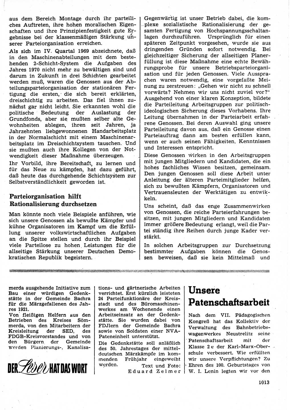 Neuer Weg (NW), Organ des Zentralkomitees (ZK) der SED (Sozialistische Einheitspartei Deutschlands) für Fragen des Parteilebens, 25. Jahrgang [Deutsche Demokratische Republik (DDR)] 1970, Seite 1013 (NW ZK SED DDR 1970, S. 1013)