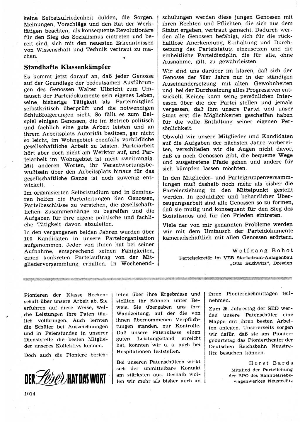 Neuer Weg (NW), Organ des Zentralkomitees (ZK) der SED (Sozialistische Einheitspartei Deutschlands) für Fragen des Parteilebens, 25. Jahrgang [Deutsche Demokratische Republik (DDR)] 1970, Seite 1014 (NW ZK SED DDR 1970, S. 1014)