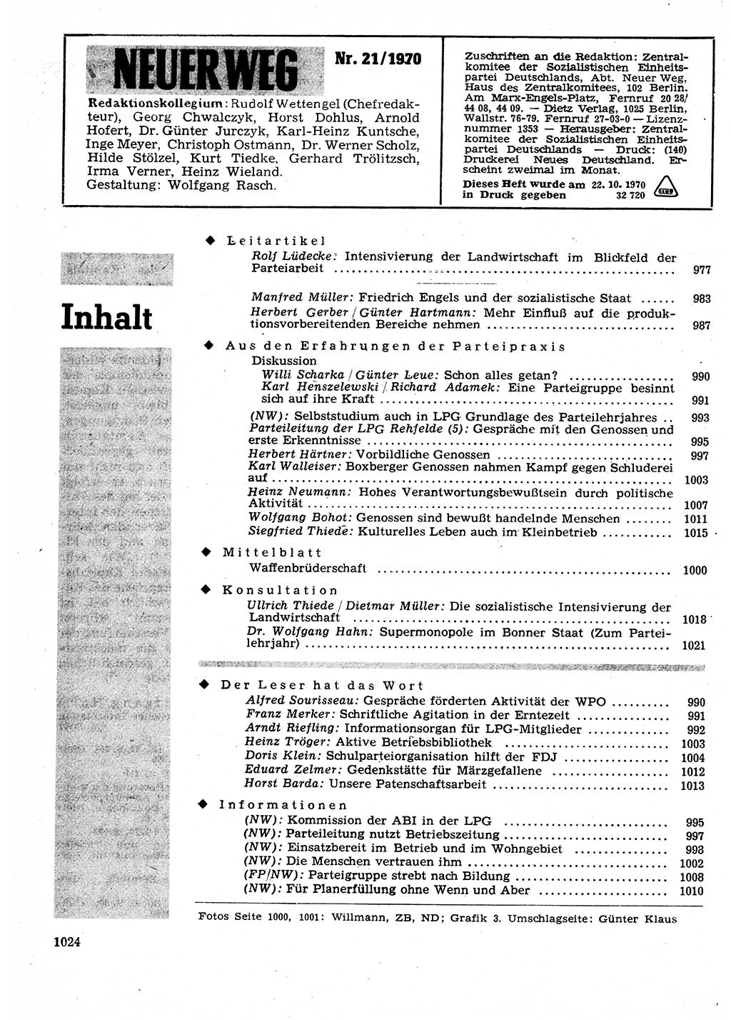 Neuer Weg (NW), Organ des Zentralkomitees (ZK) der SED (Sozialistische Einheitspartei Deutschlands) für Fragen des Parteilebens, 25. Jahrgang [Deutsche Demokratische Republik (DDR)] 1970, Seite 1024 (NW ZK SED DDR 1970, S. 1024)