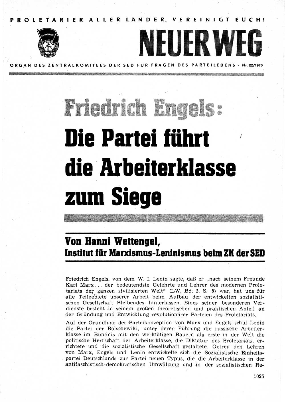 Neuer Weg (NW), Organ des Zentralkomitees (ZK) der SED (Sozialistische Einheitspartei Deutschlands) für Fragen des Parteilebens, 25. Jahrgang [Deutsche Demokratische Republik (DDR)] 1970, Seite 1025 (NW ZK SED DDR 1970, S. 1025)