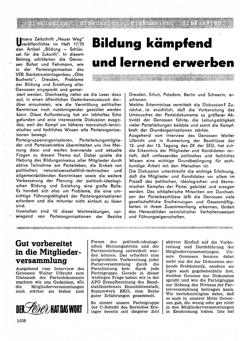 Neuer Weg (NW), Organ des Zentralkomitees (ZK) der SED (Sozialistische Einheitspartei Deutschlands) für Fragen des Parteilebens, 25. Jahrgang [Deutsche Demokratische Republik (DDR)] 1970, Seite 1038 (NW ZK SED DDR 1970, S. 1038)