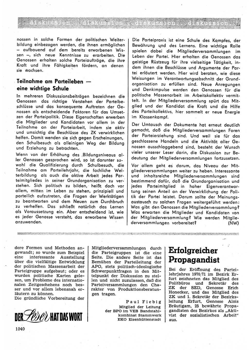 Neuer Weg (NW), Organ des Zentralkomitees (ZK) der SED (Sozialistische Einheitspartei Deutschlands) für Fragen des Parteilebens, 25. Jahrgang [Deutsche Demokratische Republik (DDR)] 1970, Seite 1040 (NW ZK SED DDR 1970, S. 1040)