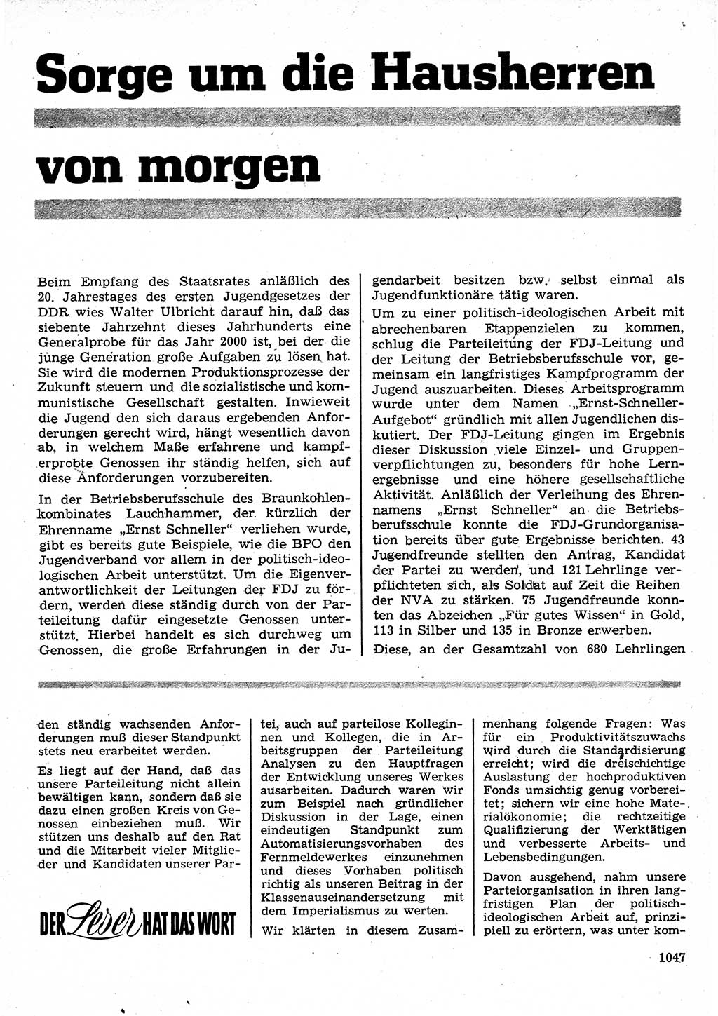 Neuer Weg (NW), Organ des Zentralkomitees (ZK) der SED (Sozialistische Einheitspartei Deutschlands) für Fragen des Parteilebens, 25. Jahrgang [Deutsche Demokratische Republik (DDR)] 1970, Seite 1047 (NW ZK SED DDR 1970, S. 1047)