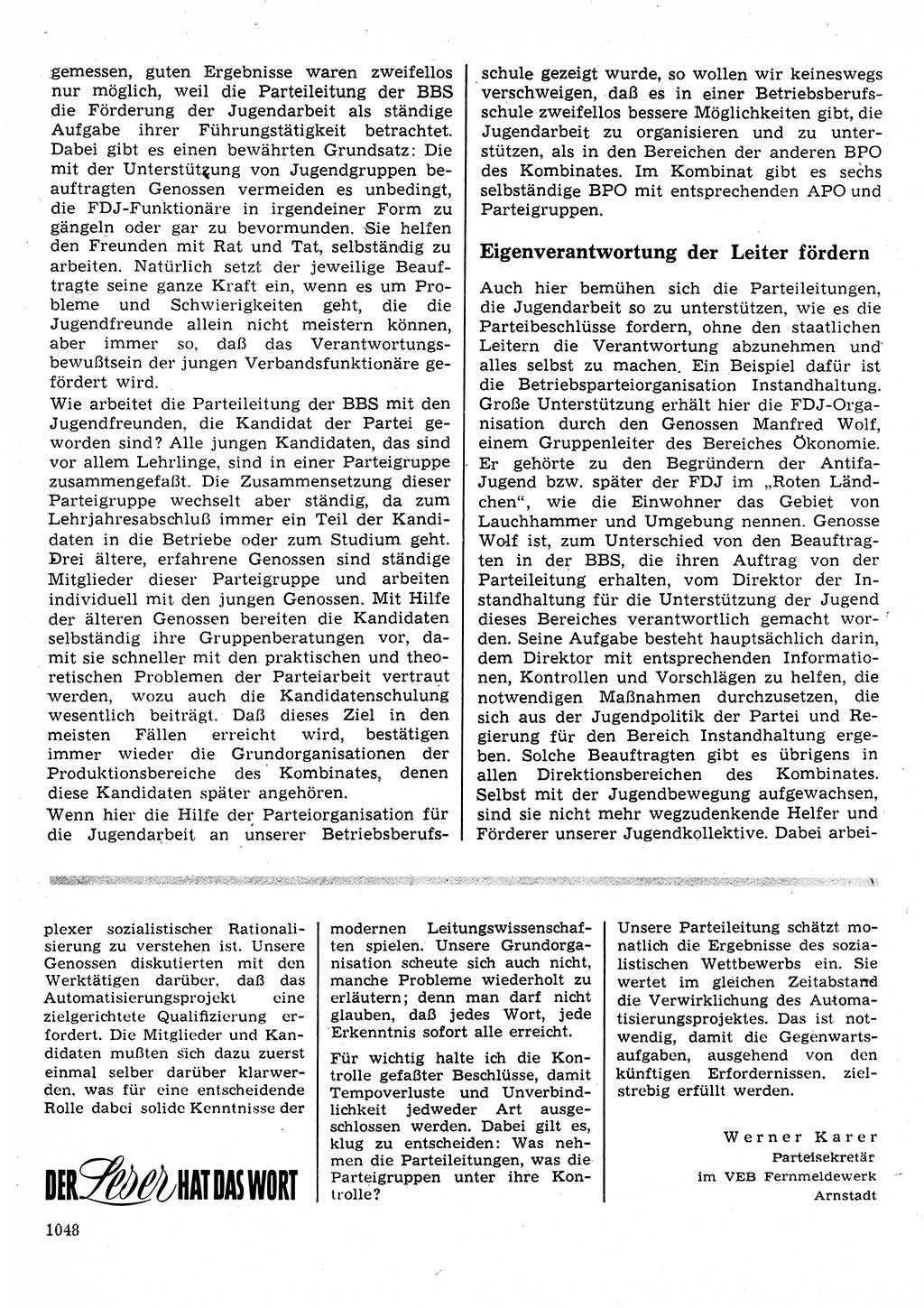 Neuer Weg (NW), Organ des Zentralkomitees (ZK) der SED (Sozialistische Einheitspartei Deutschlands) für Fragen des Parteilebens, 25. Jahrgang [Deutsche Demokratische Republik (DDR)] 1970, Seite 1048 (NW ZK SED DDR 1970, S. 1048)