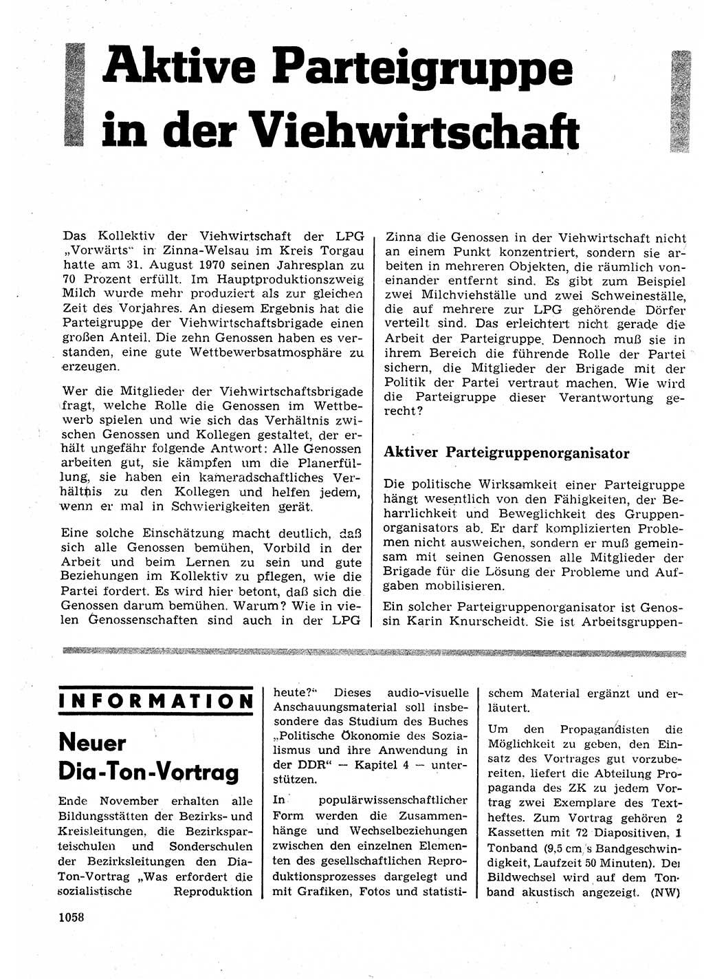 Neuer Weg (NW), Organ des Zentralkomitees (ZK) der SED (Sozialistische Einheitspartei Deutschlands) für Fragen des Parteilebens, 25. Jahrgang [Deutsche Demokratische Republik (DDR)] 1970, Seite 1058 (NW ZK SED DDR 1970, S. 1058)