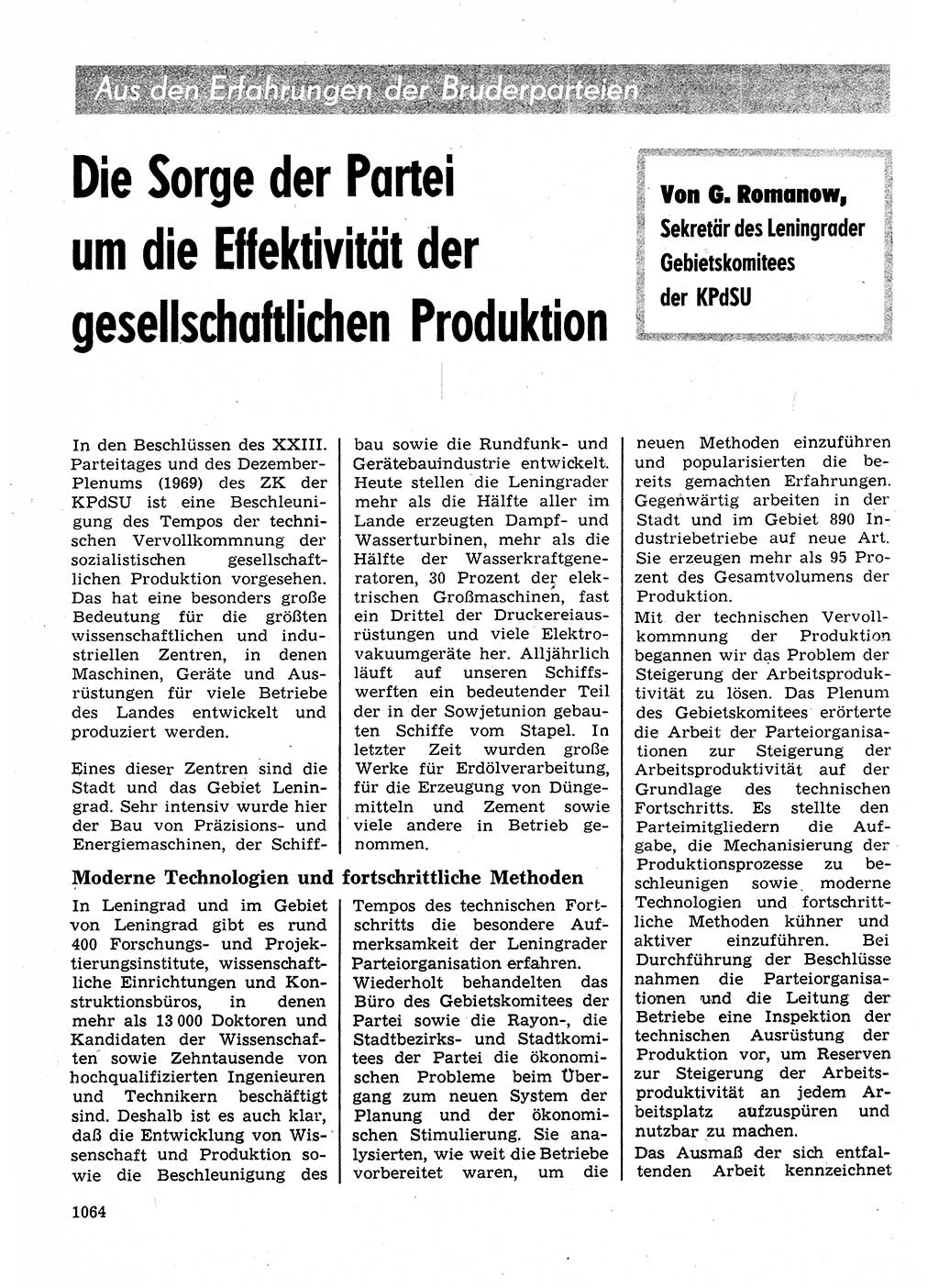 Neuer Weg (NW), Organ des Zentralkomitees (ZK) der SED (Sozialistische Einheitspartei Deutschlands) für Fragen des Parteilebens, 25. Jahrgang [Deutsche Demokratische Republik (DDR)] 1970, Seite 1064 (NW ZK SED DDR 1970, S. 1064)