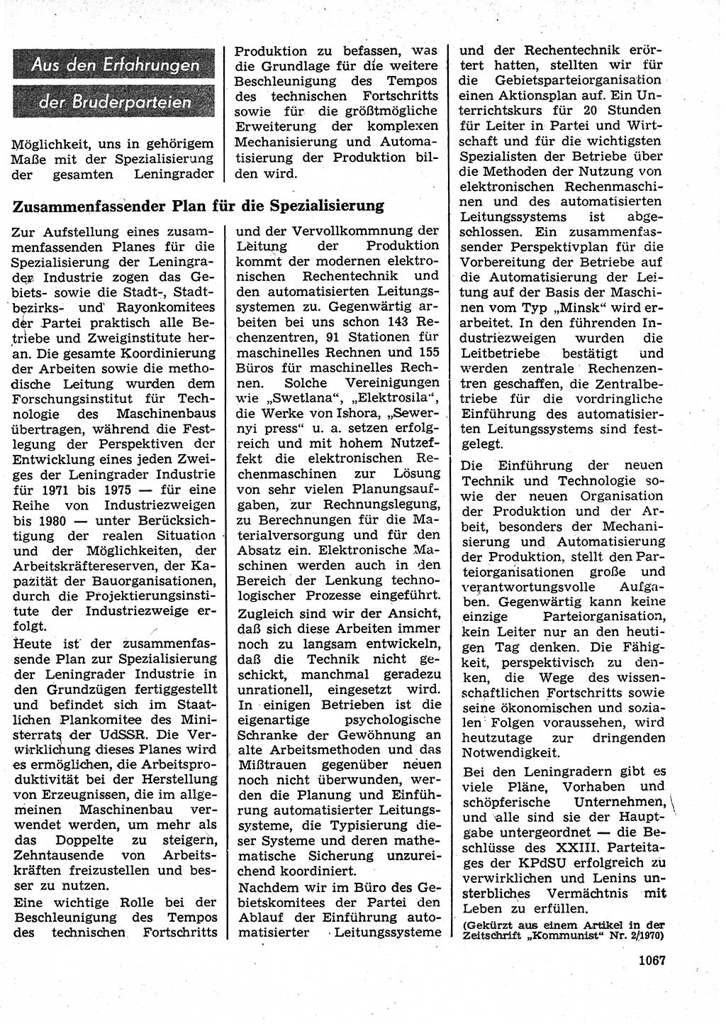 Neuer Weg (NW), Organ des Zentralkomitees (ZK) der SED (Sozialistische Einheitspartei Deutschlands) für Fragen des Parteilebens, 25. Jahrgang [Deutsche Demokratische Republik (DDR)] 1970, Seite 1067 (NW ZK SED DDR 1970, S. 1067)