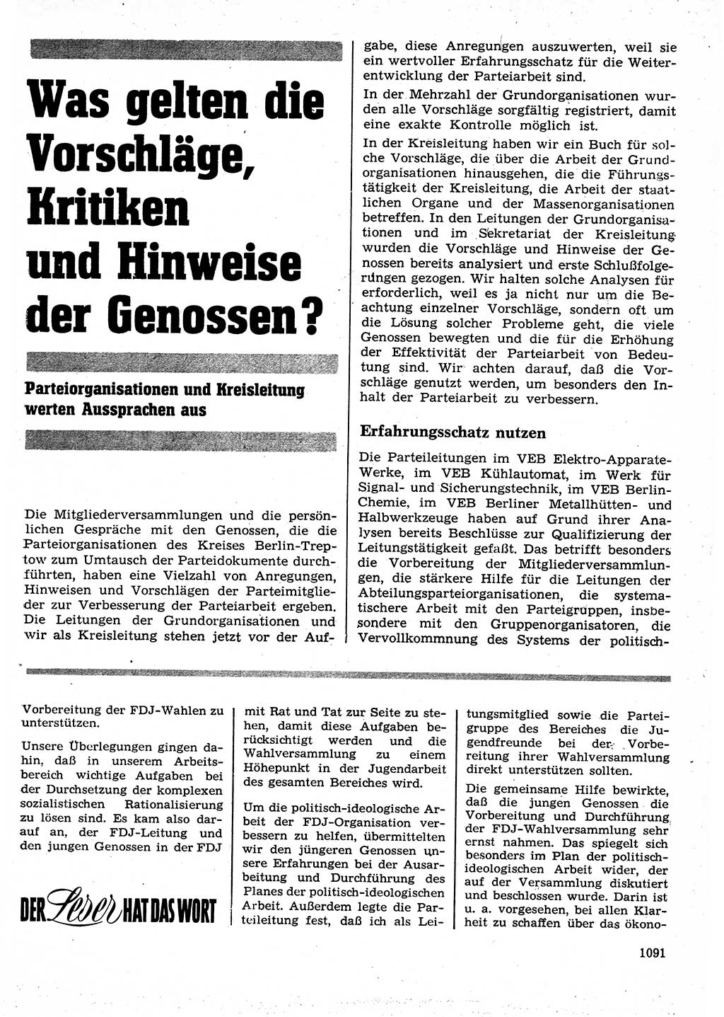 Neuer Weg (NW), Organ des Zentralkomitees (ZK) der SED (Sozialistische Einheitspartei Deutschlands) für Fragen des Parteilebens, 25. Jahrgang [Deutsche Demokratische Republik (DDR)] 1970, Seite 1091 (NW ZK SED DDR 1970, S. 1091)