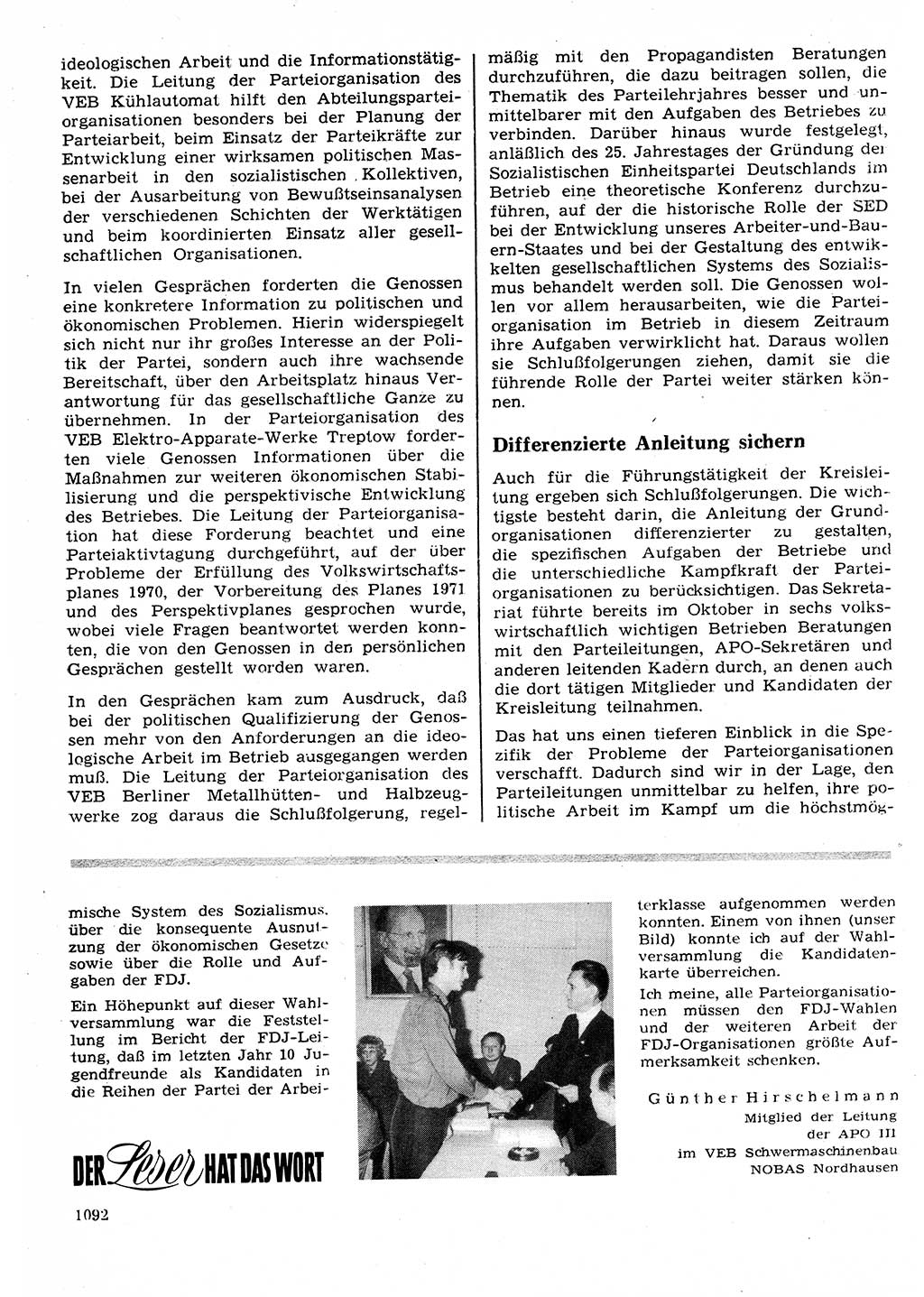 Neuer Weg (NW), Organ des Zentralkomitees (ZK) der SED (Sozialistische Einheitspartei Deutschlands) für Fragen des Parteilebens, 25. Jahrgang [Deutsche Demokratische Republik (DDR)] 1970, Seite 1092 (NW ZK SED DDR 1970, S. 1092)