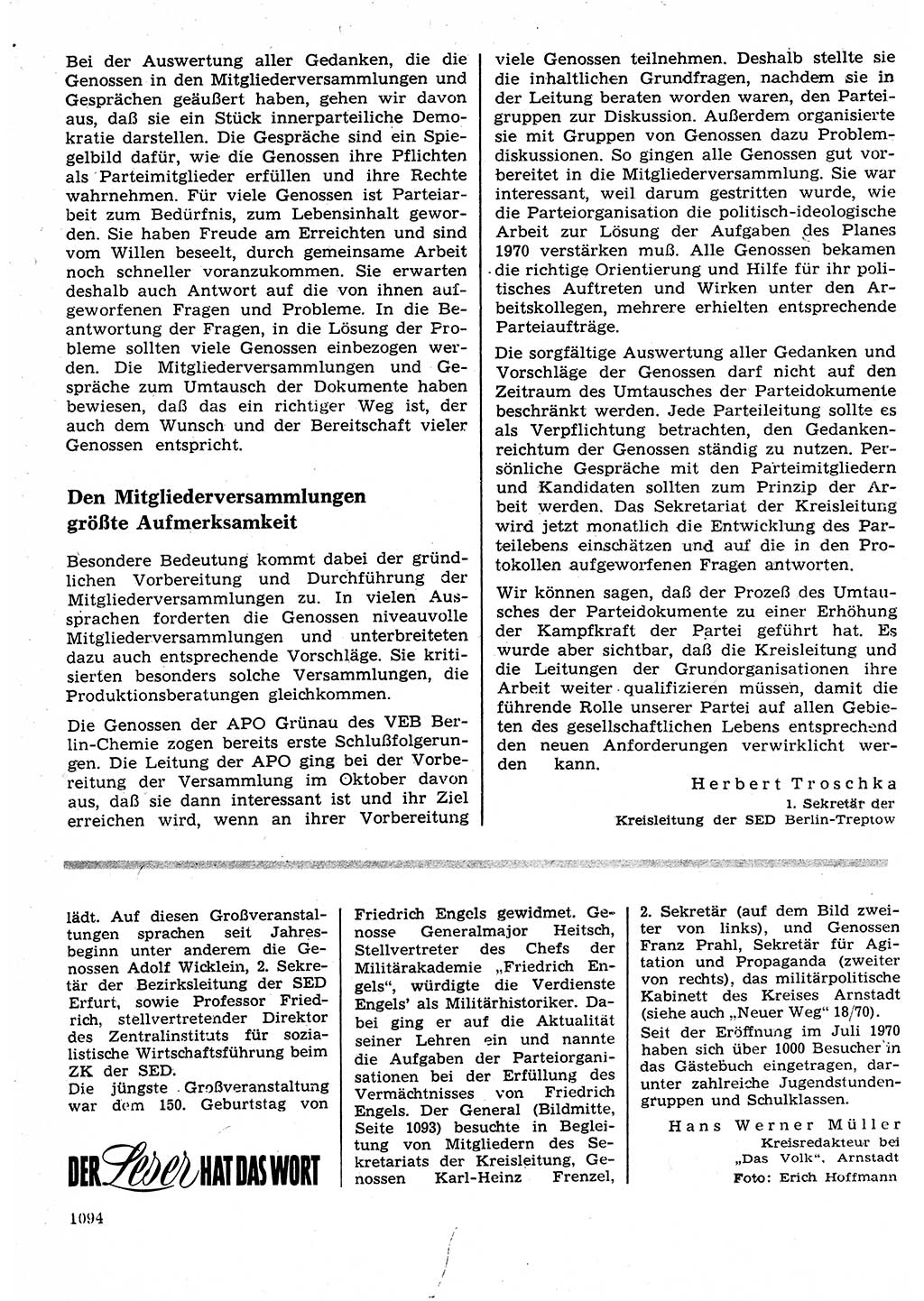 Neuer Weg (NW), Organ des Zentralkomitees (ZK) der SED (Sozialistische Einheitspartei Deutschlands) für Fragen des Parteilebens, 25. Jahrgang [Deutsche Demokratische Republik (DDR)] 1970, Seite 1094 (NW ZK SED DDR 1970, S. 1094)