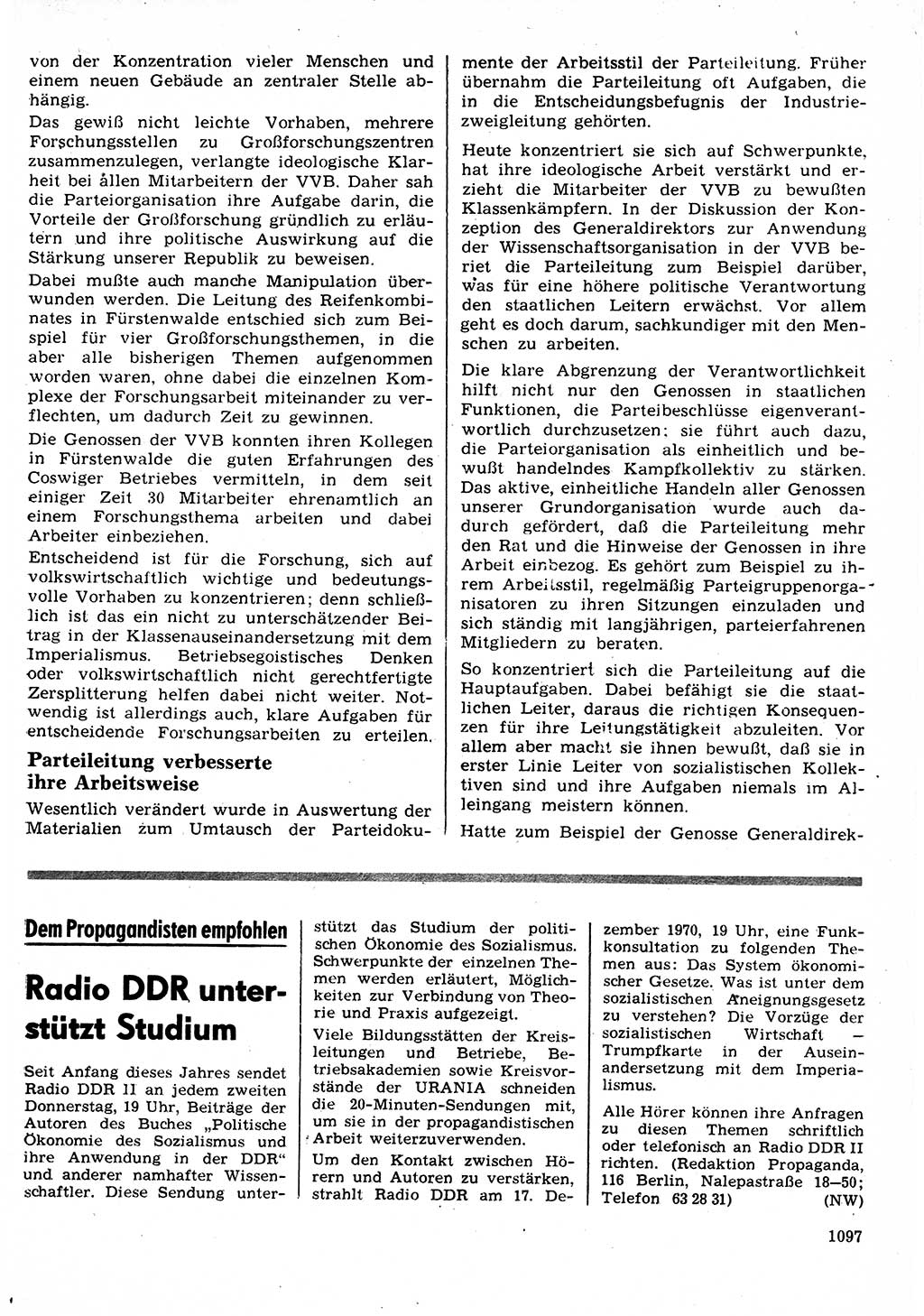Neuer Weg (NW), Organ des Zentralkomitees (ZK) der SED (Sozialistische Einheitspartei Deutschlands) für Fragen des Parteilebens, 25. Jahrgang [Deutsche Demokratische Republik (DDR)] 1970, Seite 1097 (NW ZK SED DDR 1970, S. 1097)