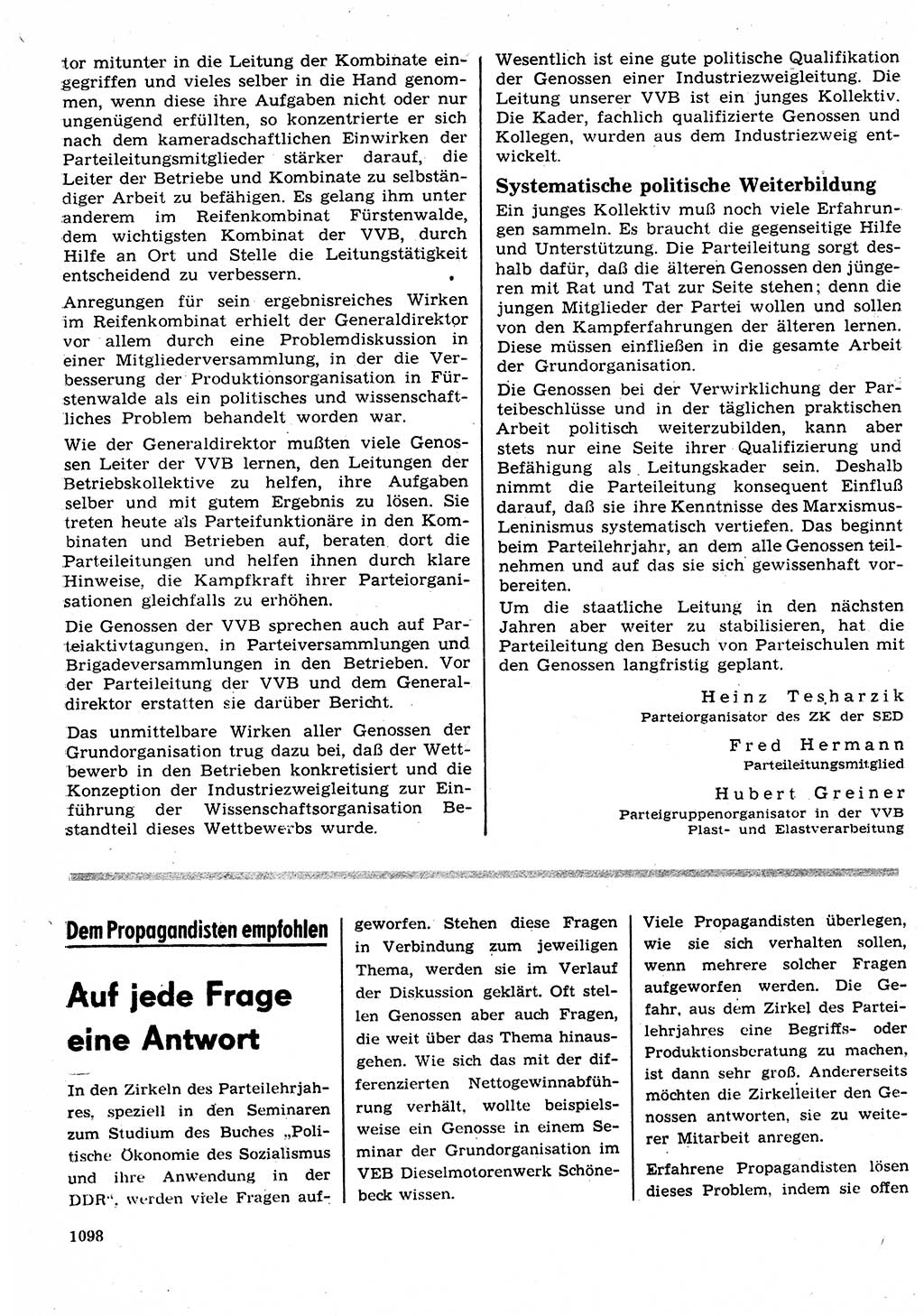 Neuer Weg (NW), Organ des Zentralkomitees (ZK) der SED (Sozialistische Einheitspartei Deutschlands) für Fragen des Parteilebens, 25. Jahrgang [Deutsche Demokratische Republik (DDR)] 1970, Seite 1098 (NW ZK SED DDR 1970, S. 1098)