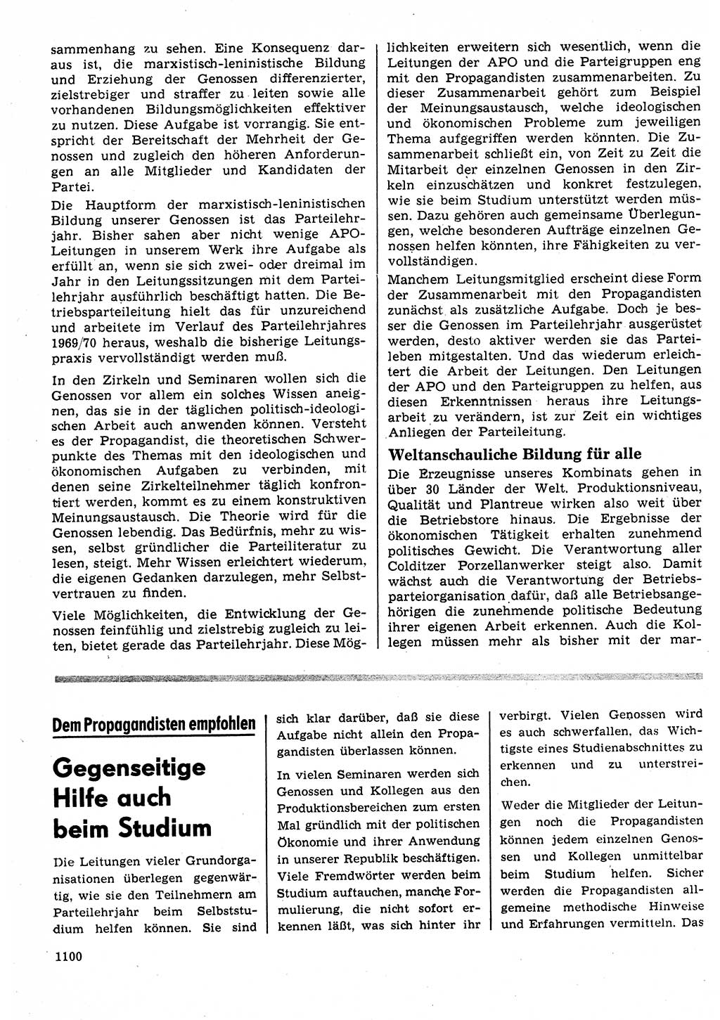 Neuer Weg (NW), Organ des Zentralkomitees (ZK) der SED (Sozialistische Einheitspartei Deutschlands) für Fragen des Parteilebens, 25. Jahrgang [Deutsche Demokratische Republik (DDR)] 1970, Seite 1100 (NW ZK SED DDR 1970, S. 1100)