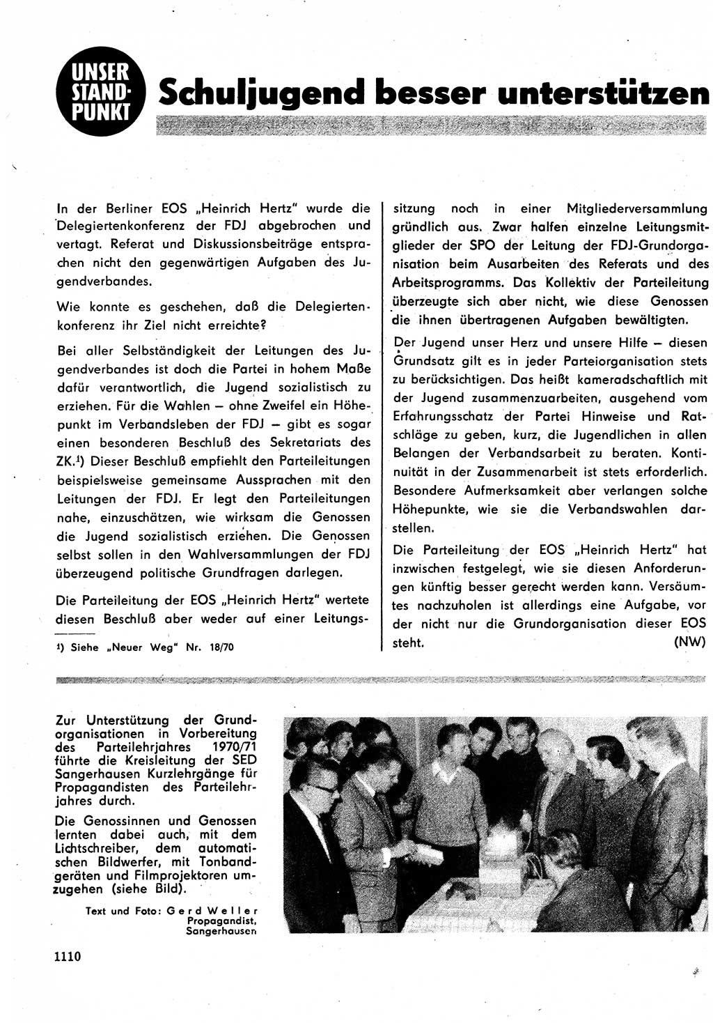 Neuer Weg (NW), Organ des Zentralkomitees (ZK) der SED (Sozialistische Einheitspartei Deutschlands) für Fragen des Parteilebens, 25. Jahrgang [Deutsche Demokratische Republik (DDR)] 1970, Seite 1110 (NW ZK SED DDR 1970, S. 1110)