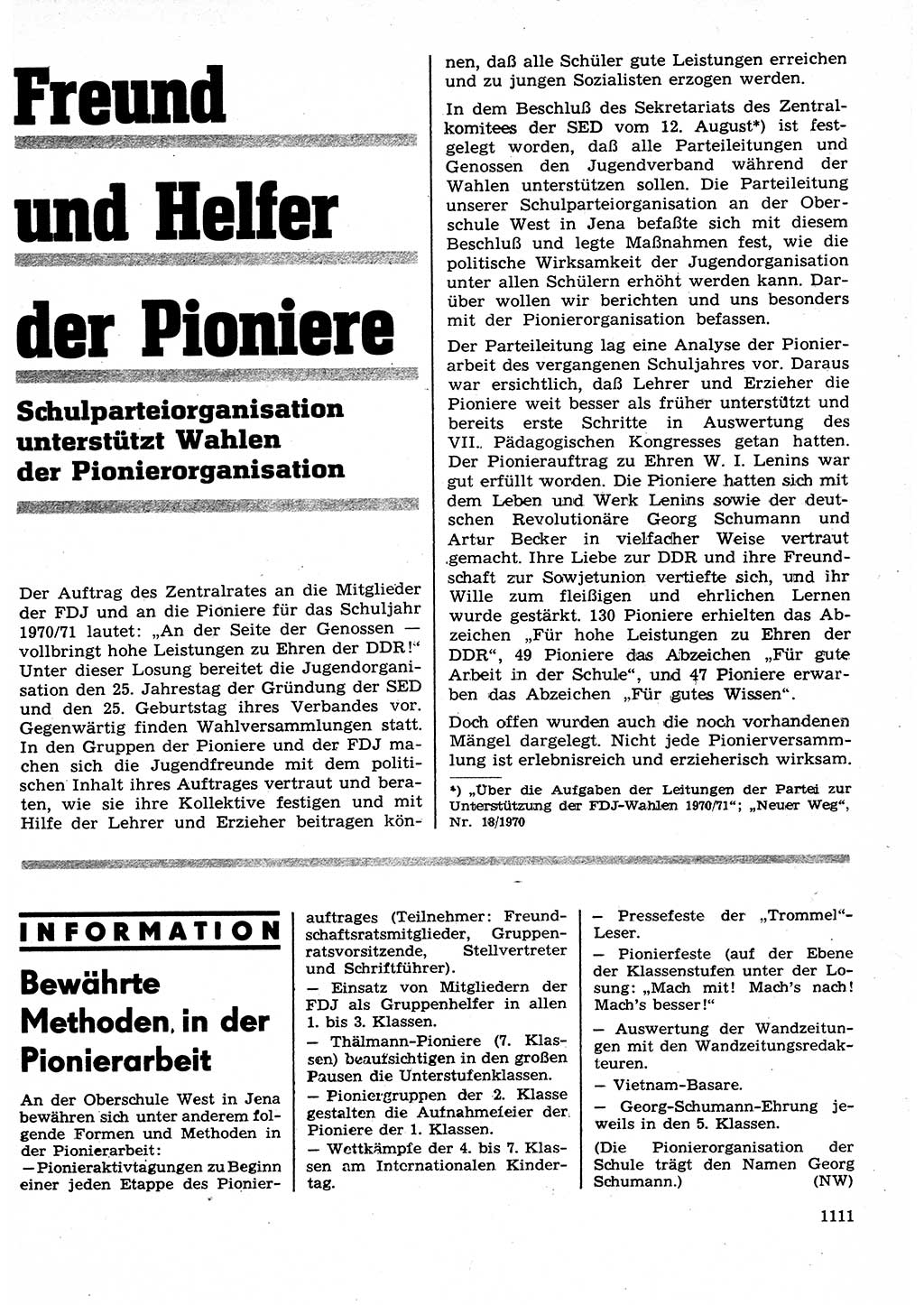 Neuer Weg (NW), Organ des Zentralkomitees (ZK) der SED (Sozialistische Einheitspartei Deutschlands) für Fragen des Parteilebens, 25. Jahrgang [Deutsche Demokratische Republik (DDR)] 1970, Seite 1111 (NW ZK SED DDR 1970, S. 1111)
