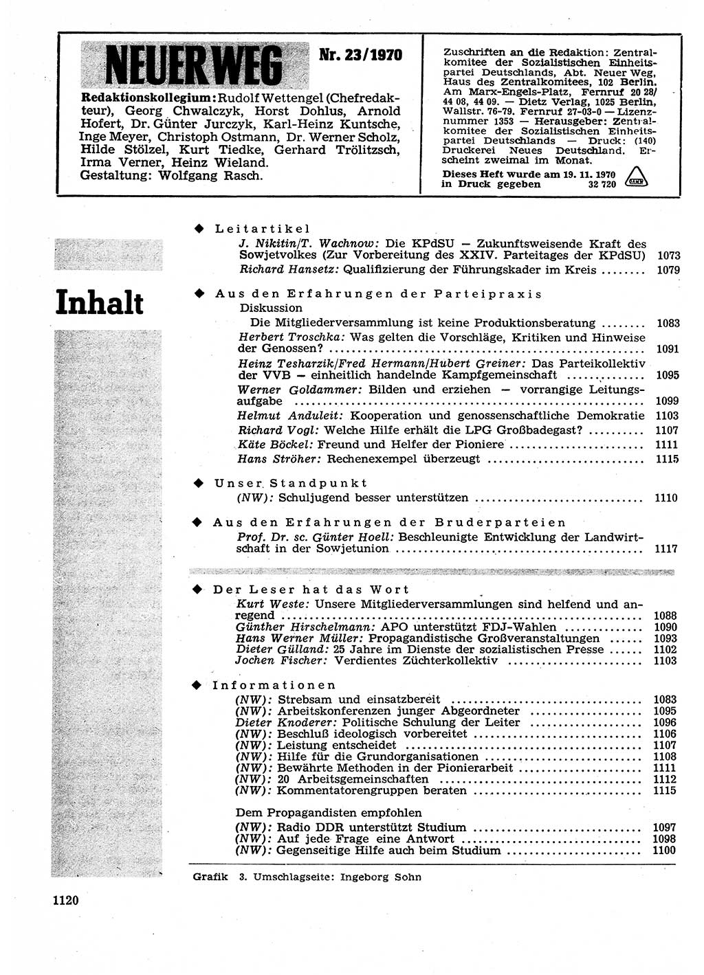 Neuer Weg (NW), Organ des Zentralkomitees (ZK) der SED (Sozialistische Einheitspartei Deutschlands) für Fragen des Parteilebens, 25. Jahrgang [Deutsche Demokratische Republik (DDR)] 1970, Seite 1120 (NW ZK SED DDR 1970, S. 1120)