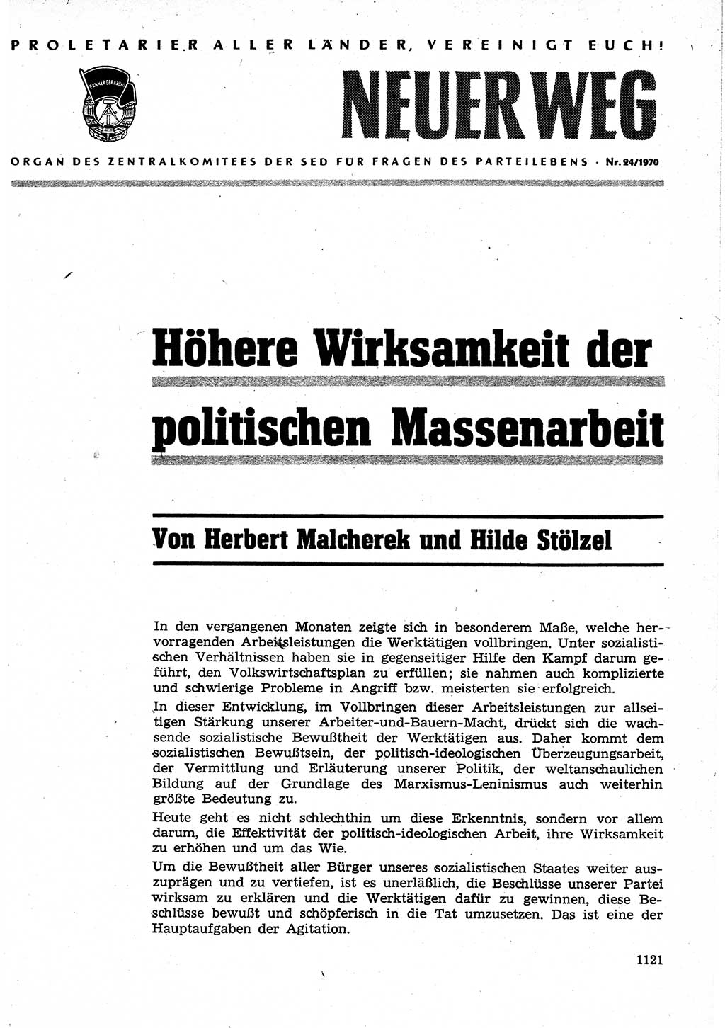Neuer Weg (NW), Organ des Zentralkomitees (ZK) der SED (Sozialistische Einheitspartei Deutschlands) für Fragen des Parteilebens, 25. Jahrgang [Deutsche Demokratische Republik (DDR)] 1970, Seite 1121 (NW ZK SED DDR 1970, S. 1121)