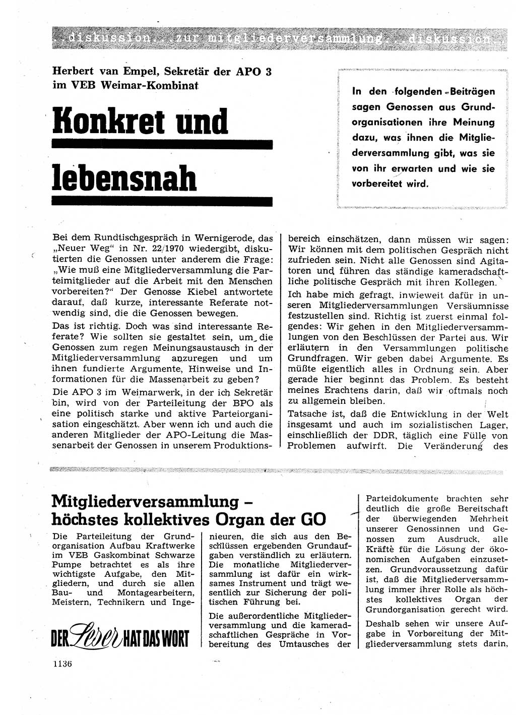 Neuer Weg (NW), Organ des Zentralkomitees (ZK) der SED (Sozialistische Einheitspartei Deutschlands) für Fragen des Parteilebens, 25. Jahrgang [Deutsche Demokratische Republik (DDR)] 1970, Seite 1136 (NW ZK SED DDR 1970, S. 1136)