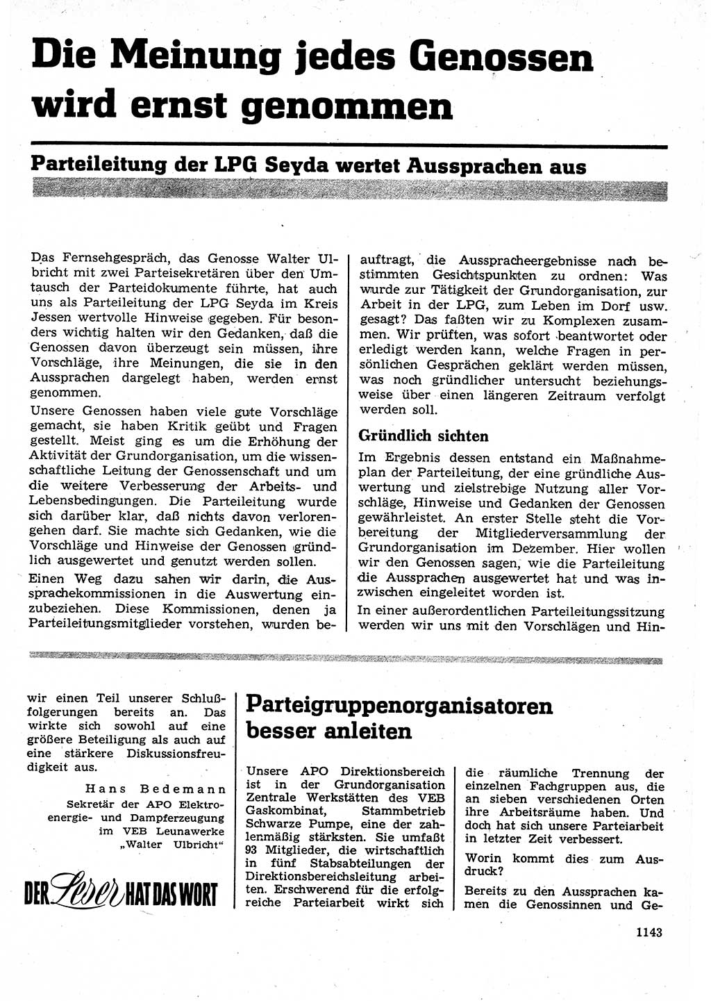 Neuer Weg (NW), Organ des Zentralkomitees (ZK) der SED (Sozialistische Einheitspartei Deutschlands) für Fragen des Parteilebens, 25. Jahrgang [Deutsche Demokratische Republik (DDR)] 1970, Seite 1143 (NW ZK SED DDR 1970, S. 1143)