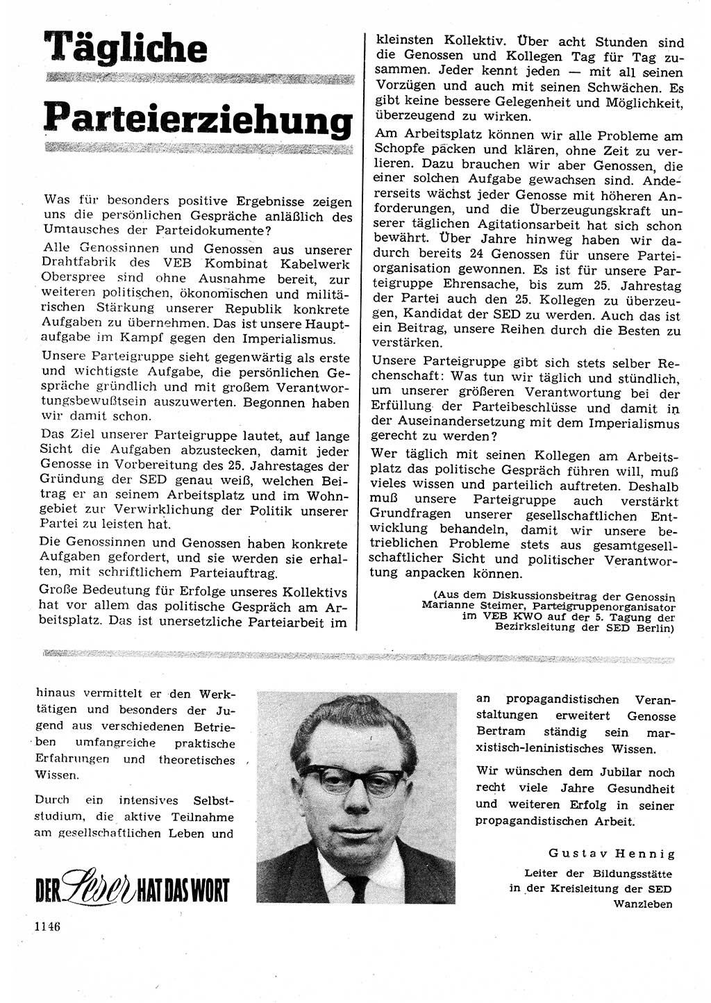 Neuer Weg (NW), Organ des Zentralkomitees (ZK) der SED (Sozialistische Einheitspartei Deutschlands) für Fragen des Parteilebens, 25. Jahrgang [Deutsche Demokratische Republik (DDR)] 1970, Seite 1146 (NW ZK SED DDR 1970, S. 1146)