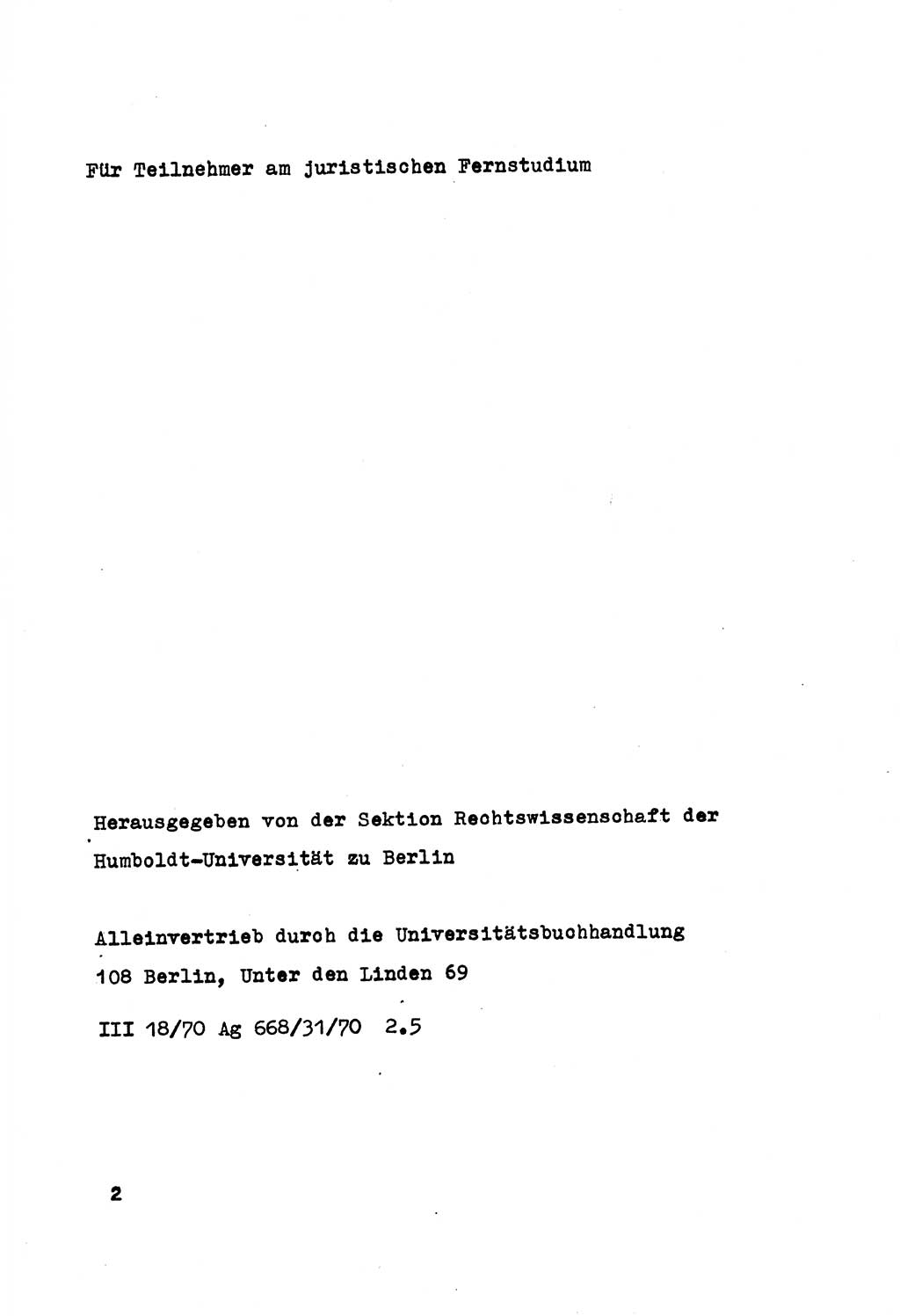 Strafrecht der DDR (Deutsche Demokratische Republik), Besonderer Teil, Lehrmaterial, Heft 5 1970, Seite 2 (Strafr. DDR BT Lehrmat. H. 5 1970, S. 2)