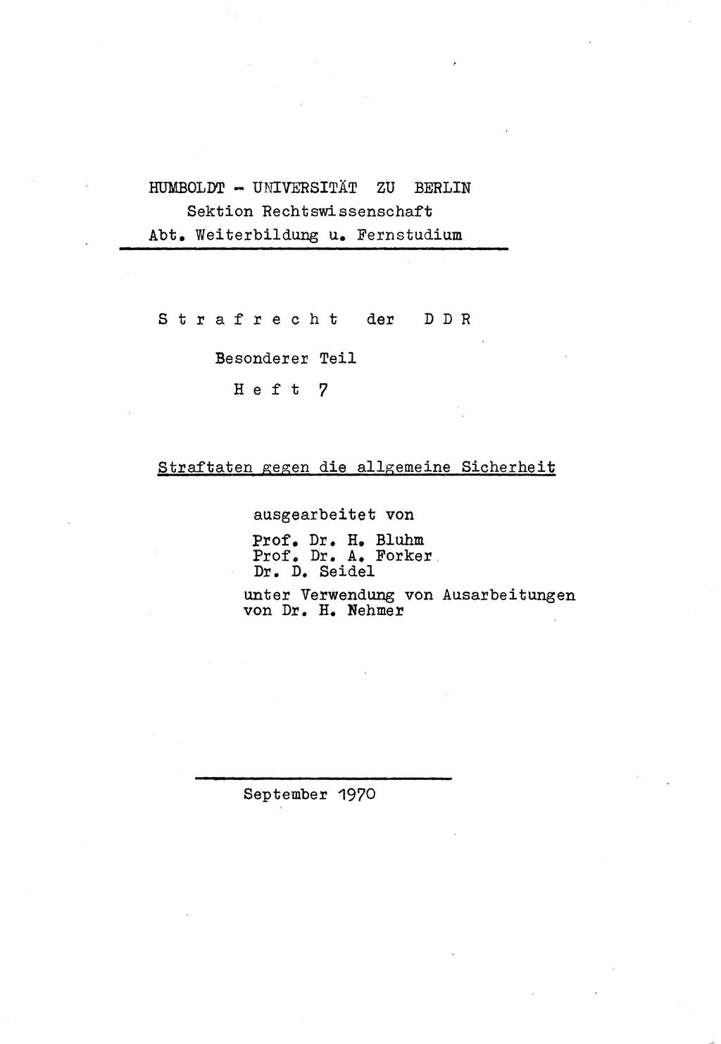 Strafrecht der DDR (Deutsche Demokratische Republik), Besonderer Teil, Lehrmaterial, Heft 7 1970, Seite 1 (Strafr. DDR BT Lehrmat. H. 7 1970, S. 1)