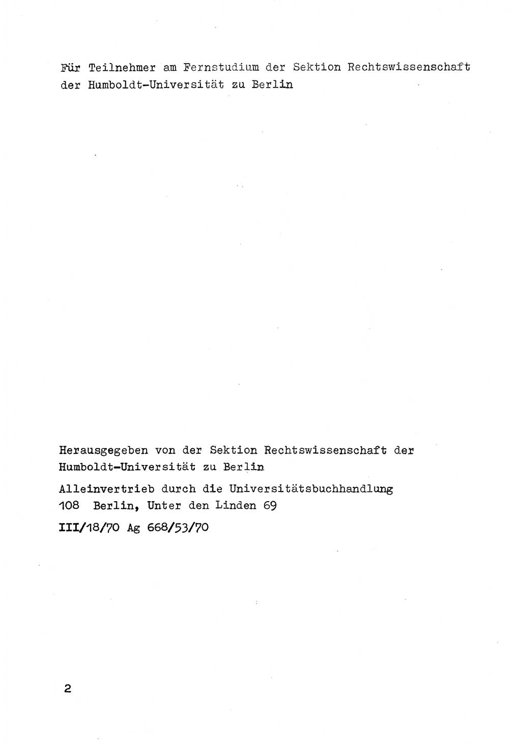 Strafrecht der DDR (Deutsche Demokratische Republik), Besonderer Teil, Lehrmaterial, Heft 7 1970, Seite 2 (Strafr. DDR BT Lehrmat. H. 7 1970, S. 2)