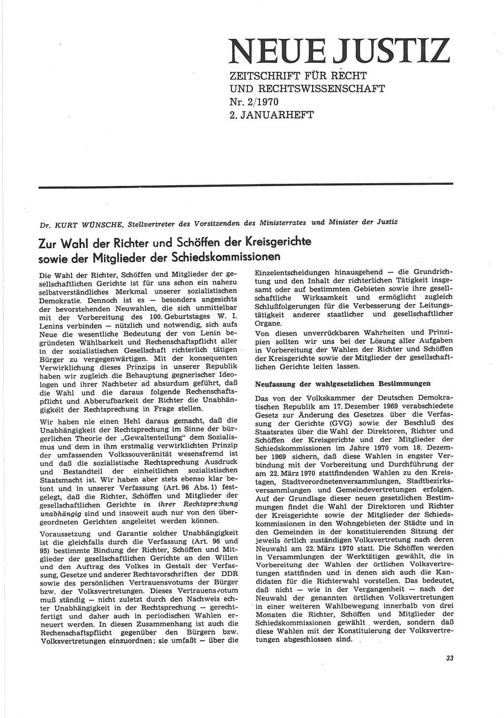 Neue Justiz (NJ), Zeitschrift für Recht und Rechtswissenschaft [Deutsche Demokratische Republik (DDR)], 24. Jahrgang 1970, Seite 33 (NJ DDR 1970, S. 33)