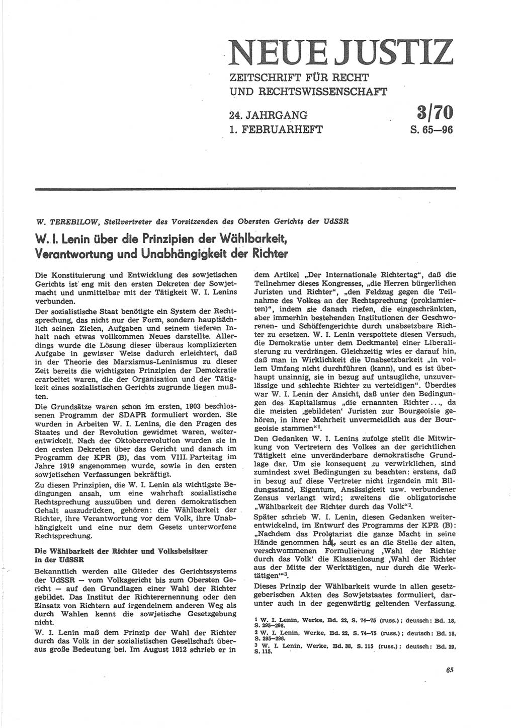 Neue Justiz (NJ), Zeitschrift für Recht und Rechtswissenschaft [Deutsche Demokratische Republik (DDR)], 24. Jahrgang 1970, Seite 65 (NJ DDR 1970, S. 65)