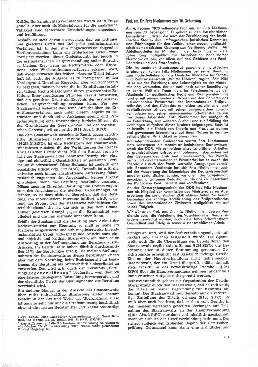 Neue Justiz (NJ), Zeitschrift für Recht und Rechtswissenschaft [Deutsche Demokratische Republik (DDR)], 24. Jahrgang 1970, Seite 101 (NJ DDR 1970, S. 101)