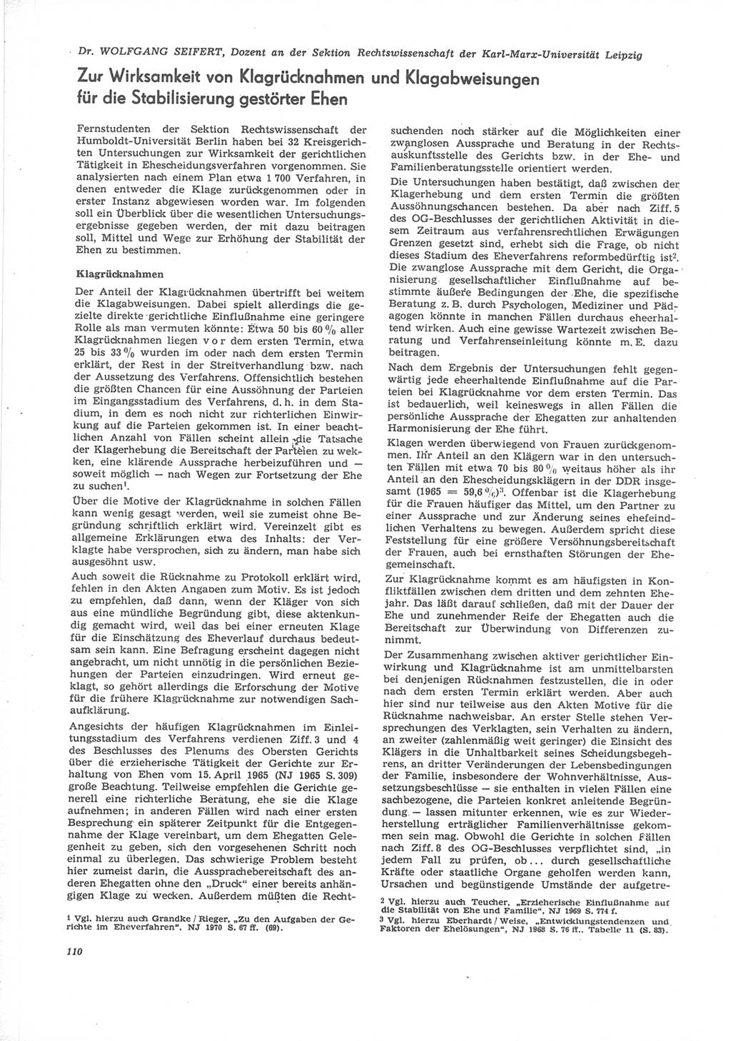 Neue Justiz (NJ), Zeitschrift für Recht und Rechtswissenschaft [Deutsche Demokratische Republik (DDR)], 24. Jahrgang 1970, Seite 110 (NJ DDR 1970, S. 110)