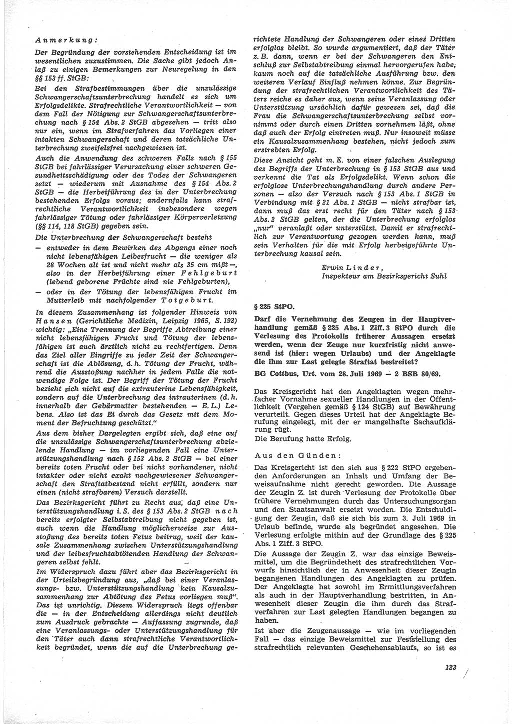 Neue Justiz (NJ), Zeitschrift für Recht und Rechtswissenschaft [Deutsche Demokratische Republik (DDR)], 24. Jahrgang 1970, Seite 123 (NJ DDR 1970, S. 123)