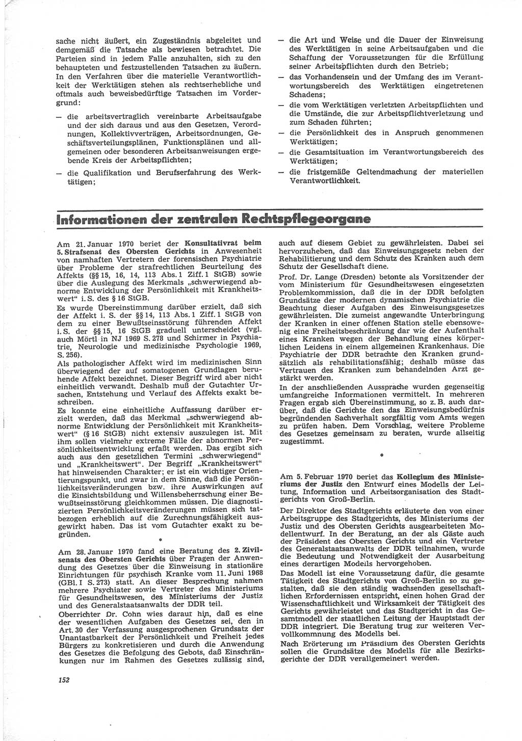 Neue Justiz (NJ), Zeitschrift für Recht und Rechtswissenschaft [Deutsche Demokratische Republik (DDR)], 24. Jahrgang 1970, Seite 152 (NJ DDR 1970, S. 152)