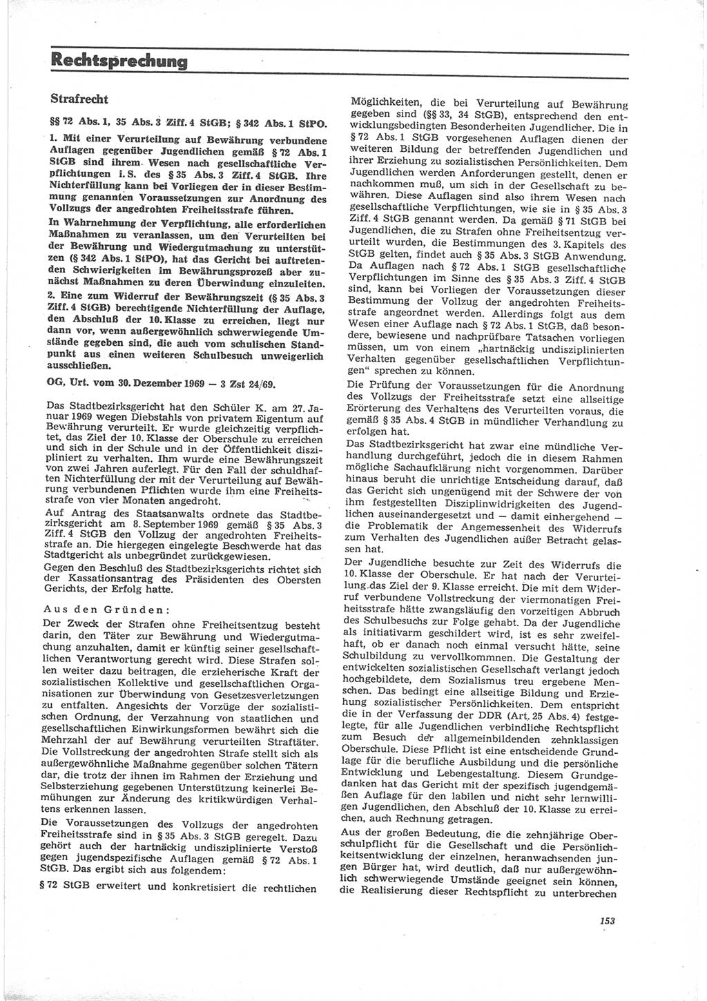 Neue Justiz (NJ), Zeitschrift für Recht und Rechtswissenschaft [Deutsche Demokratische Republik (DDR)], 24. Jahrgang 1970, Seite 153 (NJ DDR 1970, S. 153)