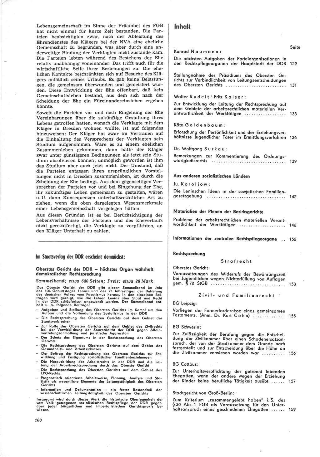 Neue Justiz (NJ), Zeitschrift für Recht und Rechtswissenschaft [Deutsche Demokratische Republik (DDR)], 24. Jahrgang 1970, Seite 160 (NJ DDR 1970, S. 160)