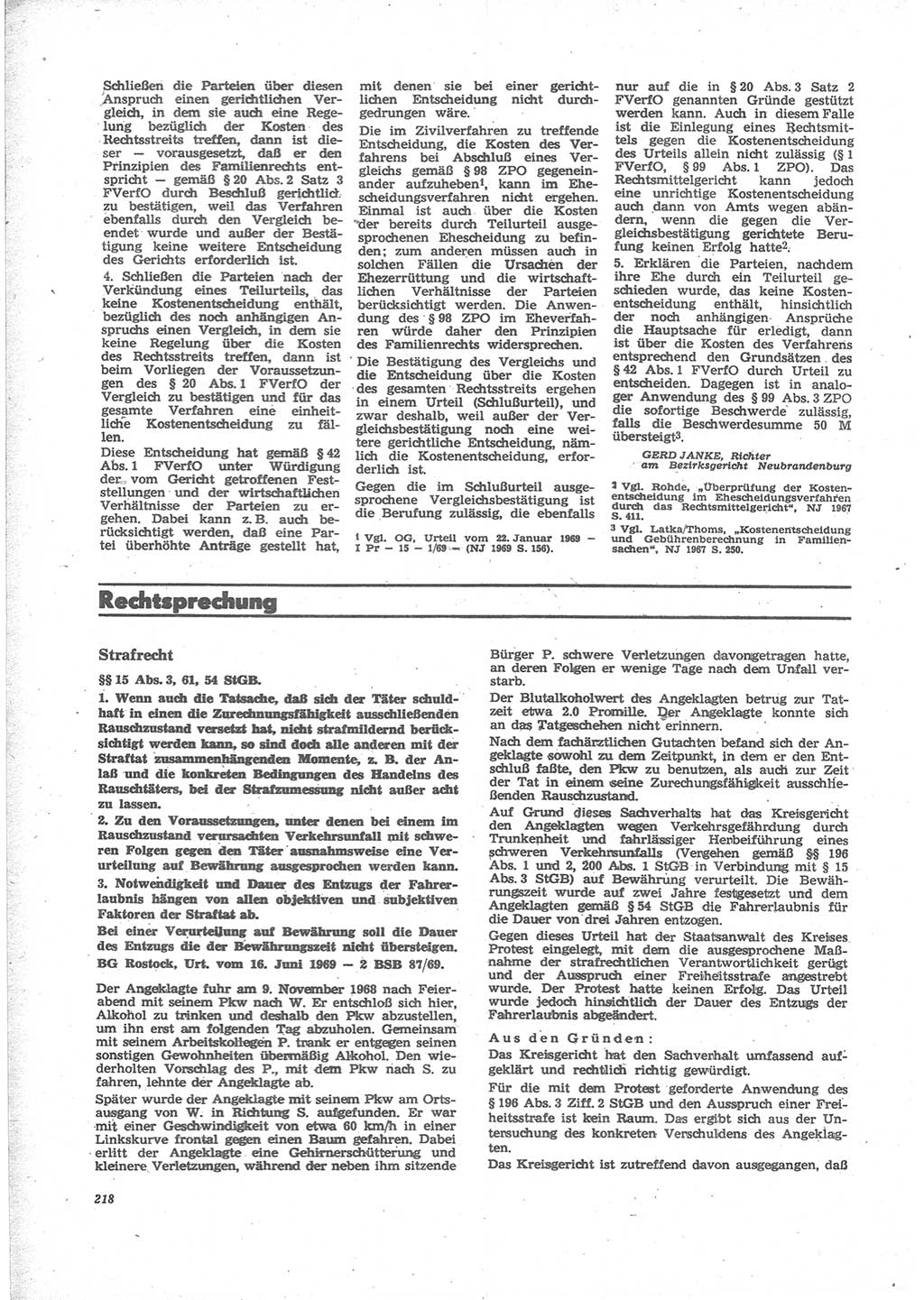 Neue Justiz (NJ), Zeitschrift für Recht und Rechtswissenschaft [Deutsche Demokratische Republik (DDR)], 24. Jahrgang 1970, Seite 218 (NJ DDR 1970, S. 218)