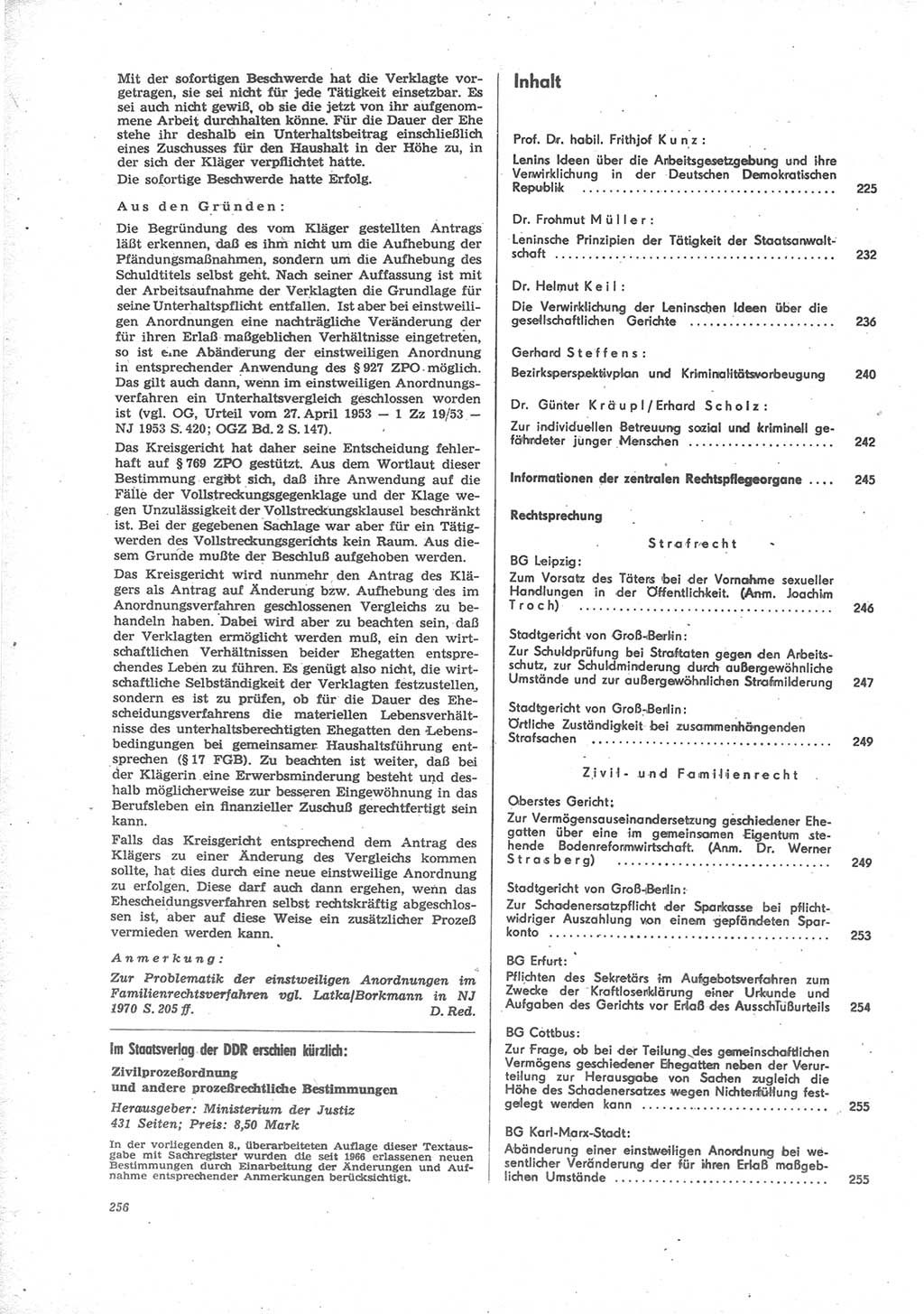 Neue Justiz (NJ), Zeitschrift für Recht und Rechtswissenschaft [Deutsche Demokratische Republik (DDR)], 24. Jahrgang 1970, Seite 256 (NJ DDR 1970, S. 256)