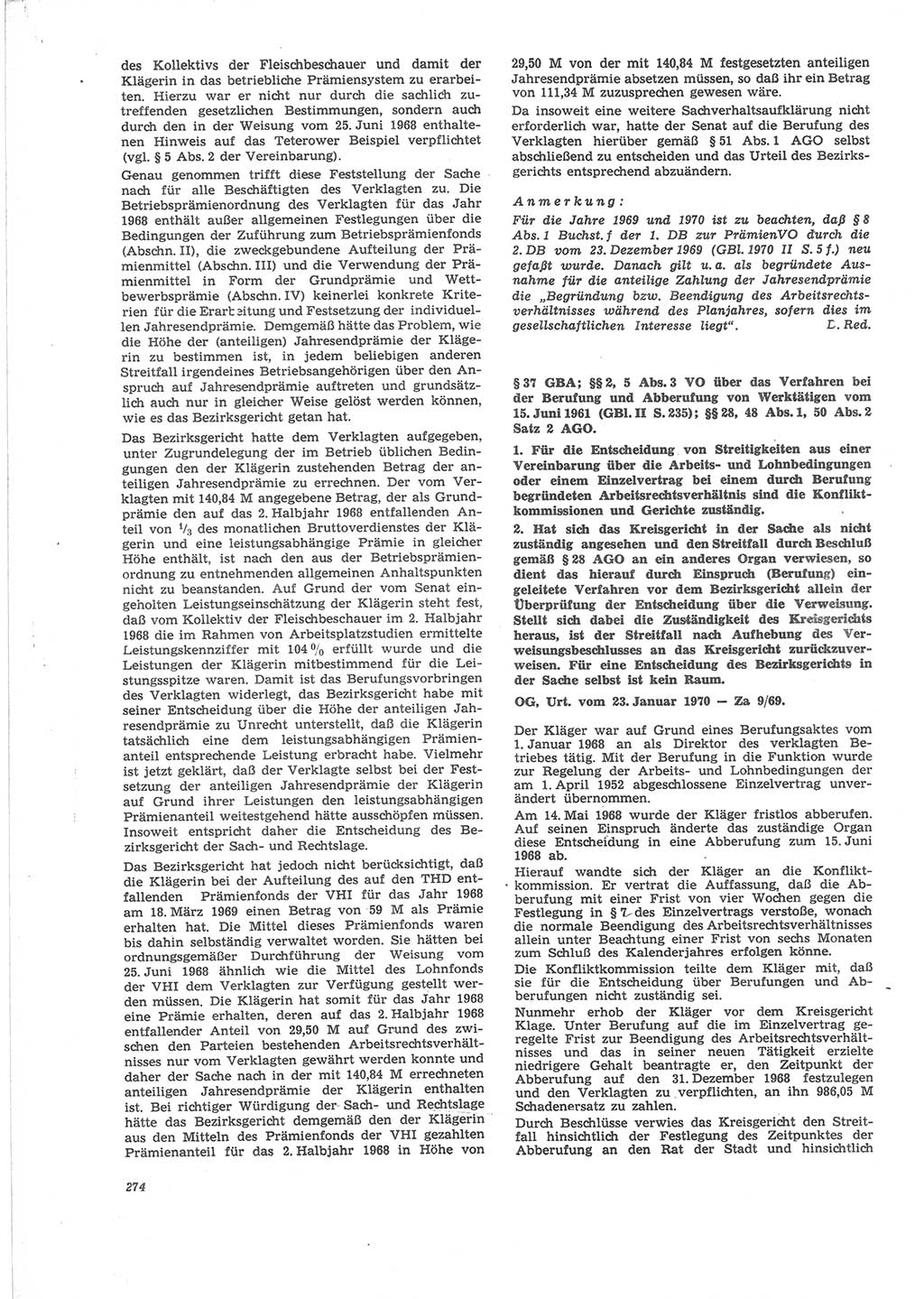 Neue Justiz (NJ), Zeitschrift für Recht und Rechtswissenschaft [Deutsche Demokratische Republik (DDR)], 24. Jahrgang 1970, Seite 274 (NJ DDR 1970, S. 274)