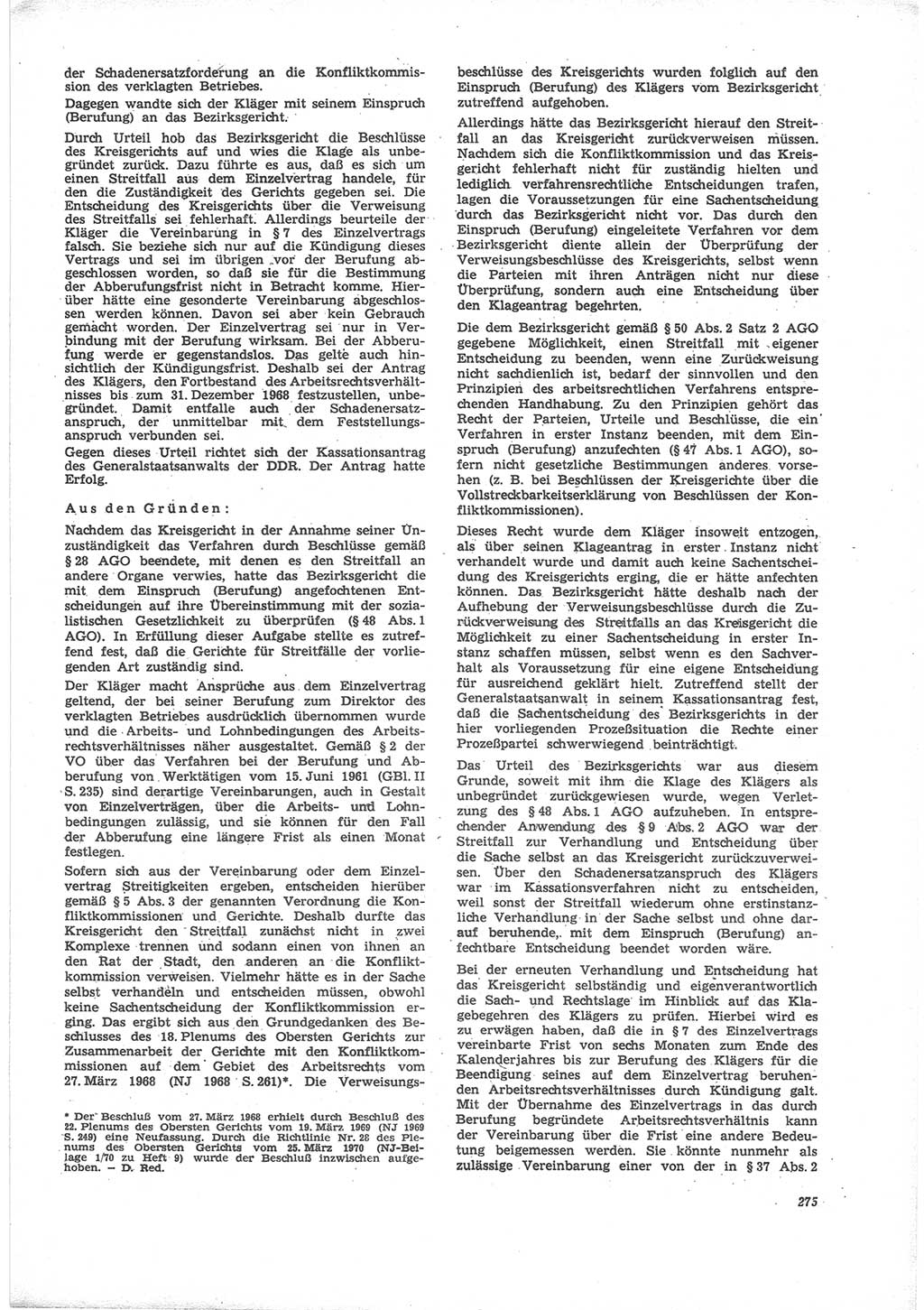 Neue Justiz (NJ), Zeitschrift für Recht und Rechtswissenschaft [Deutsche Demokratische Republik (DDR)], 24. Jahrgang 1970, Seite 275 (NJ DDR 1970, S. 275)