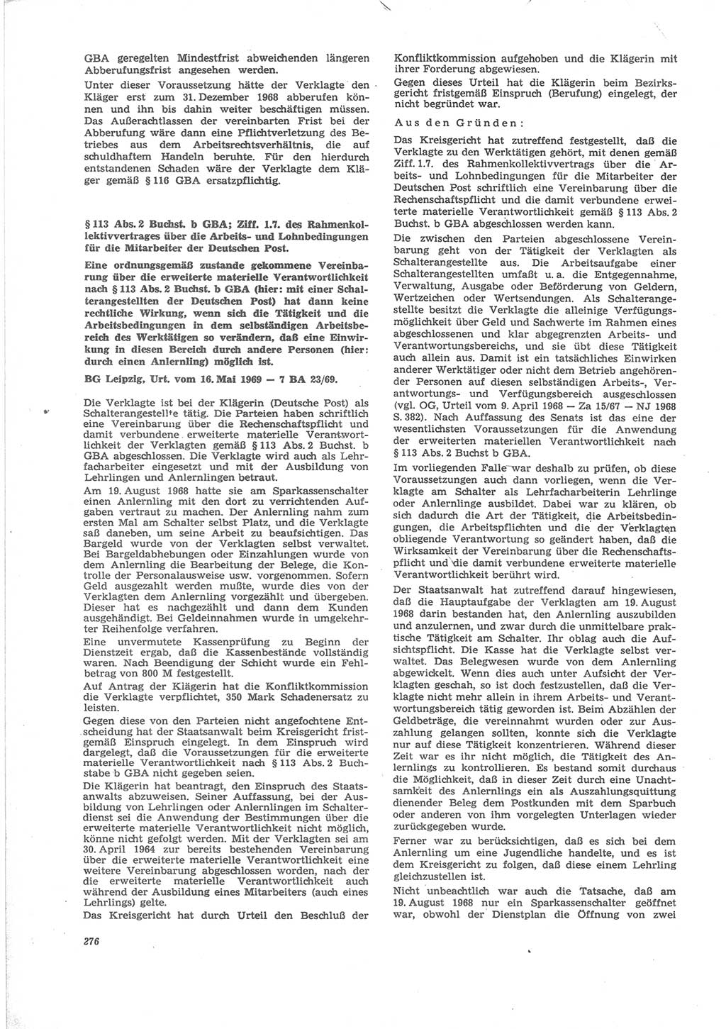 Neue Justiz (NJ), Zeitschrift für Recht und Rechtswissenschaft [Deutsche Demokratische Republik (DDR)], 24. Jahrgang 1970, Seite 276 (NJ DDR 1970, S. 276)