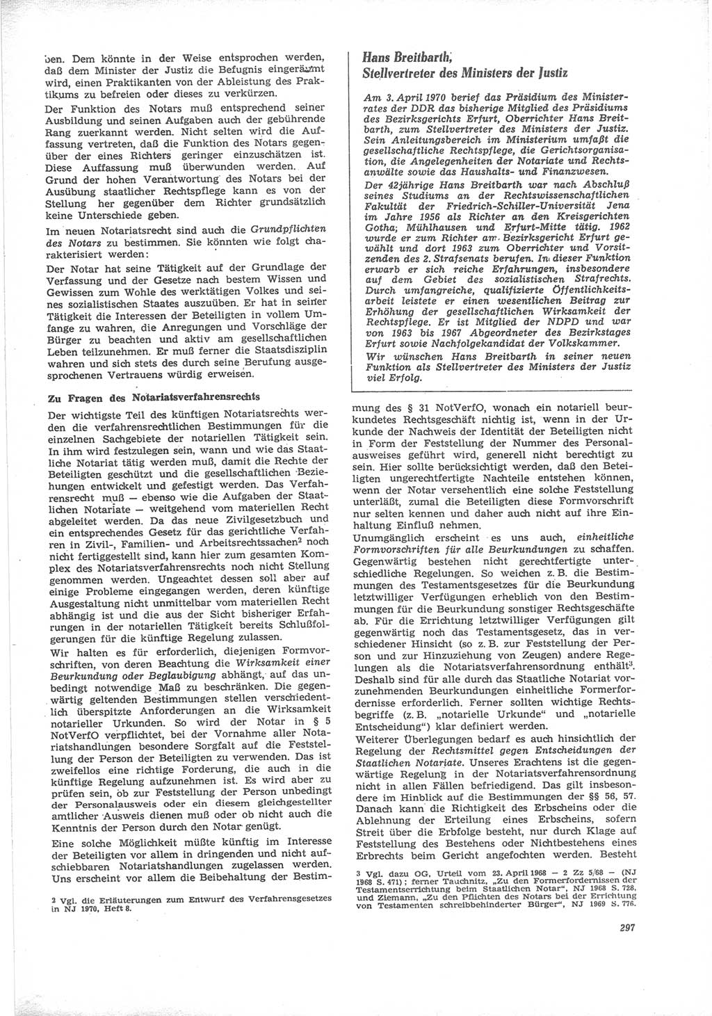 Neue Justiz (NJ), Zeitschrift für Recht und Rechtswissenschaft [Deutsche Demokratische Republik (DDR)], 24. Jahrgang 1970, Seite 297 (NJ DDR 1970, S. 297)